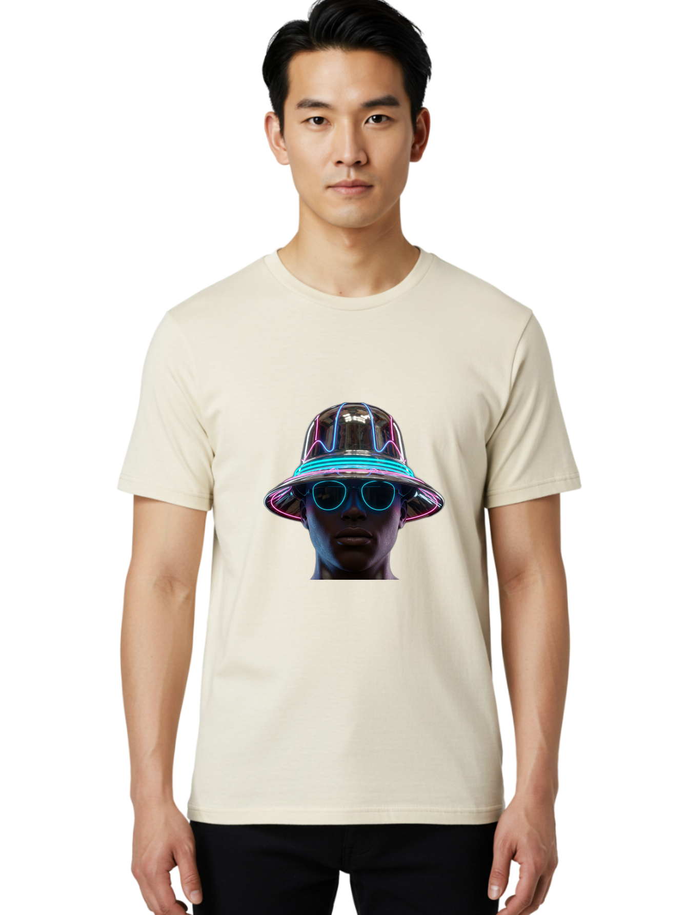 Futuristic-Hat-Portrait Men'S Graphic Tee, 100% Cotton, Comfortable Casual Summer Wear, Machine Washable, Vintage Camera, Old Camera, Antique Camera, Black Camera, Classic Photography, Photography Equipment, Nostalgic Device, Film Camera, Bag508