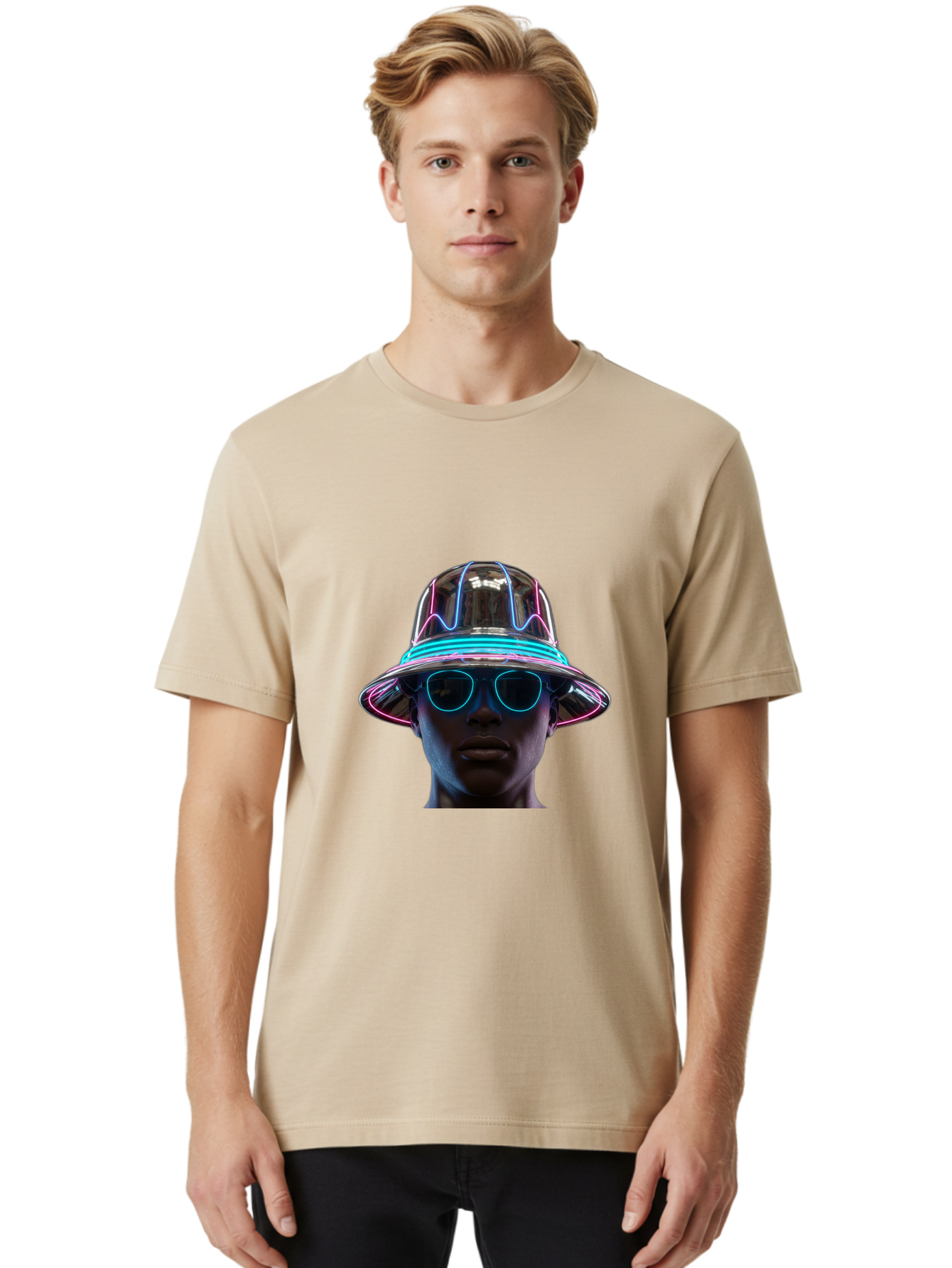 Futuristic-Hat-Portrait Men'S Graphic Tee, 100% Cotton, Comfortable Casual Summer Wear, Machine Washable, Vintage Camera, Old Camera, Antique Camera, Black Camera, Classic Photography, Photography Equipment, Nostalgic Device, Film Camera, Bag508