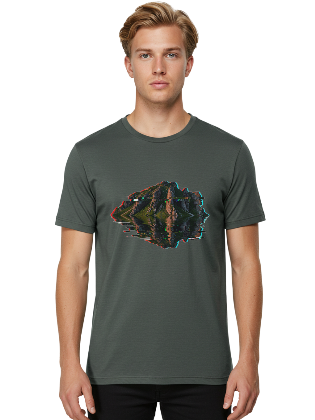 Glitching-Mountain-Landscape Men'S Graphic Tee, 100% Cotton, Comfortable Casual Summer Wear, Machine Washable, Vintage Camera, Old Camera, Antique Camera, Black Camera, Classic Photography, Photography Equipment, Nostalgic Device, Film Camera, Bag533