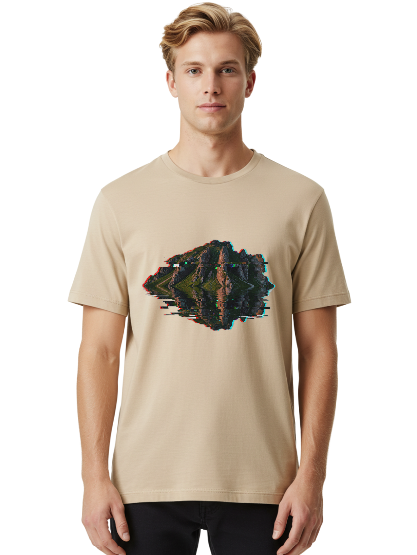 Glitching-Mountain-Landscape Men'S Graphic Tee, 100% Cotton, Comfortable Casual Summer Wear, Machine Washable, Vintage Camera, Old Camera, Antique Camera, Black Camera, Classic Photography, Photography Equipment, Nostalgic Device, Film Camera, Bag533