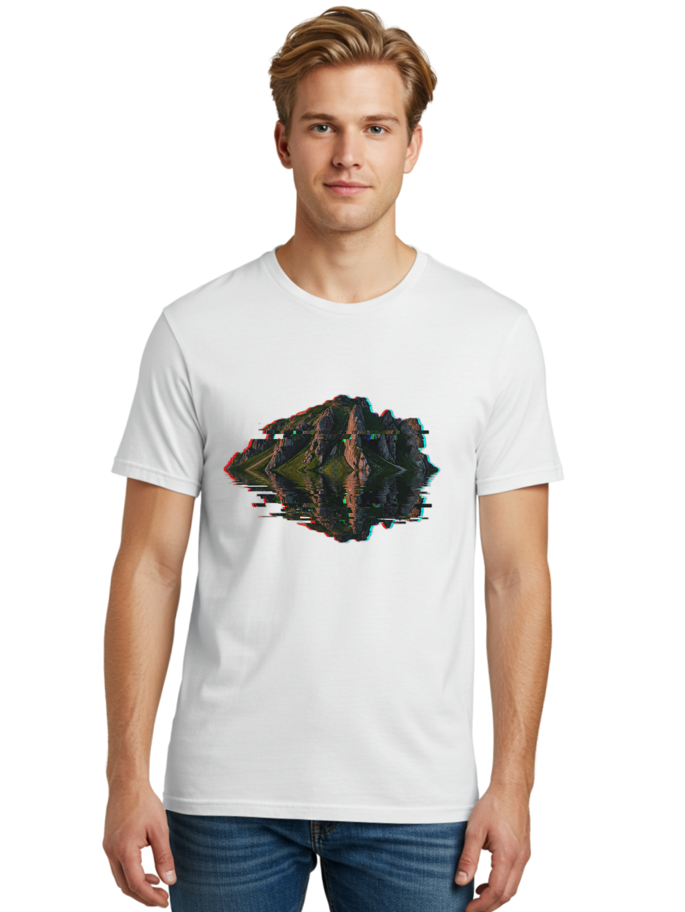 Glitching-Mountain-Landscape Men'S Graphic Tee, 100% Cotton, Comfortable Casual Summer Wear, Machine Washable, Vintage Camera, Old Camera, Antique Camera, Black Camera, Classic Photography, Photography Equipment, Nostalgic Device, Film Camera, Bag533