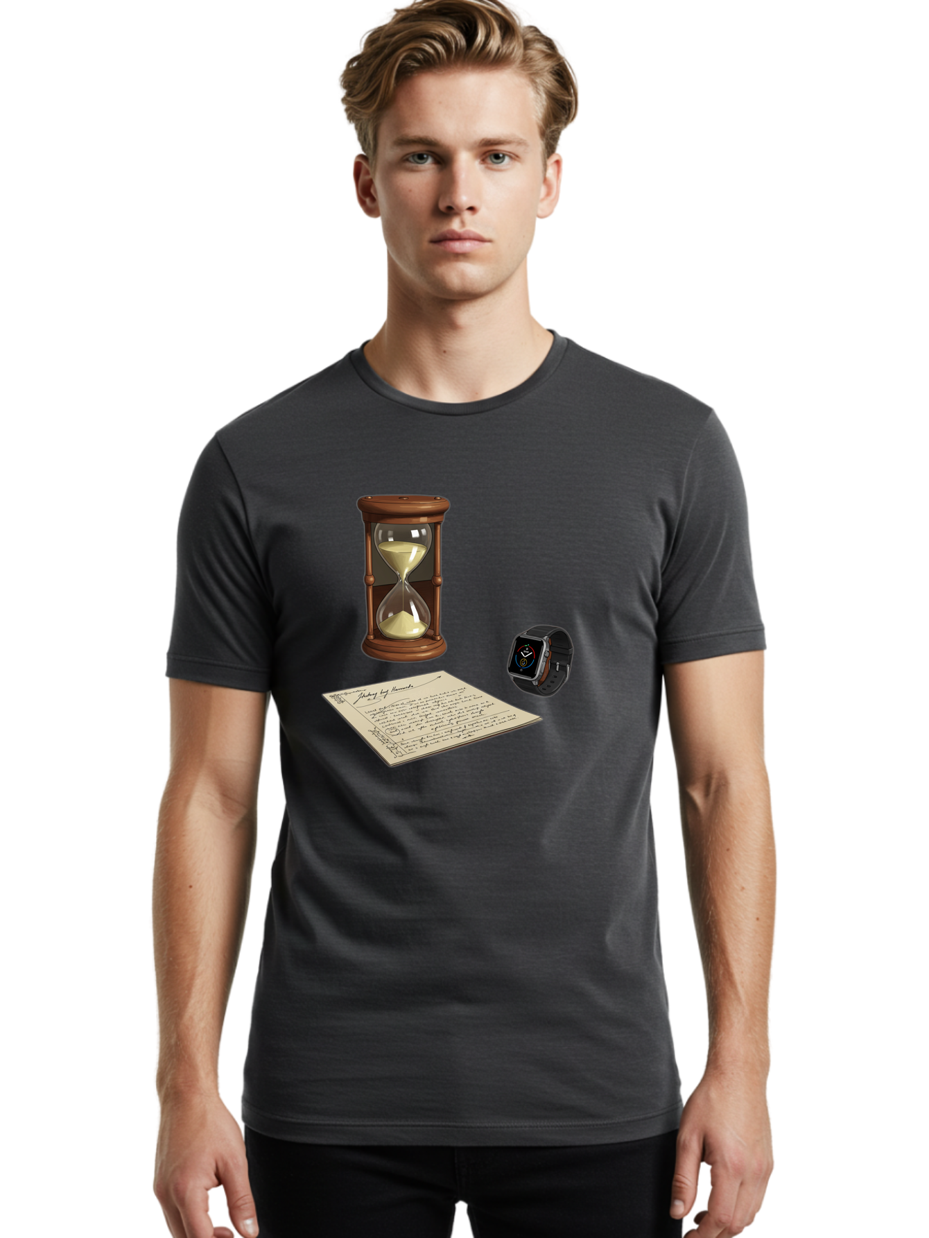 Hourglass-Watch-Letter Men'S Graphic Tee, 100% Cotton, Comfortable Casual Summer Wear, Machine Washable, Vintage Camera, Old Camera, Antique Camera, Black Camera, Classic Photography, Photography Equipment, Nostalgic Device, Film Camera, Bag597