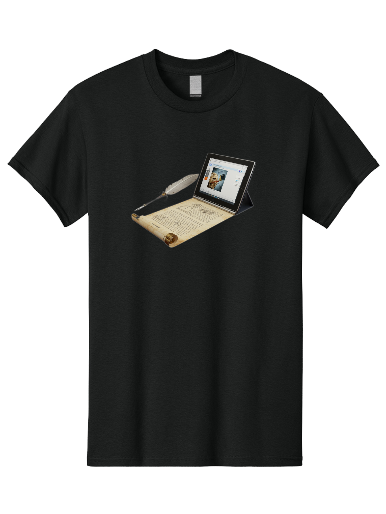 Laptop-Emerging-From-Scroll-With-Quill-Pen Men'S Graphic Tee, 100% Cotton, Comfortable Casual Summer Wear, Machine Washable, Vintage Camera, Old Camera, Antique Camera, Black Camera, Classic Photography, Photography Equipment, Bag679