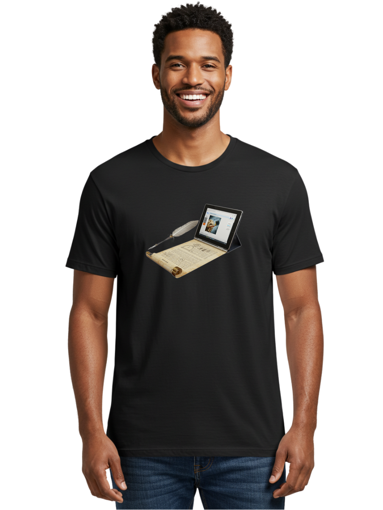 Laptop-Emerging-From-Scroll-With-Quill-Pen Men'S Graphic Tee, 100% Cotton, Comfortable Casual Summer Wear, Machine Washable, Vintage Camera, Old Camera, Antique Camera, Black Camera, Classic Photography, Photography Equipment, Bag679