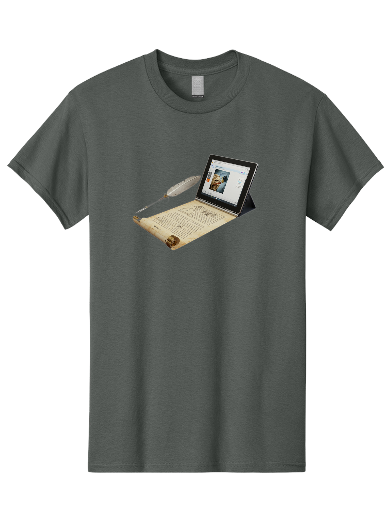 Laptop-Emerging-From-Scroll-With-Quill-Pen Men'S Graphic Tee, 100% Cotton, Comfortable Casual Summer Wear, Machine Washable, Vintage Camera, Old Camera, Antique Camera, Black Camera, Classic Photography, Photography Equipment, Bag679