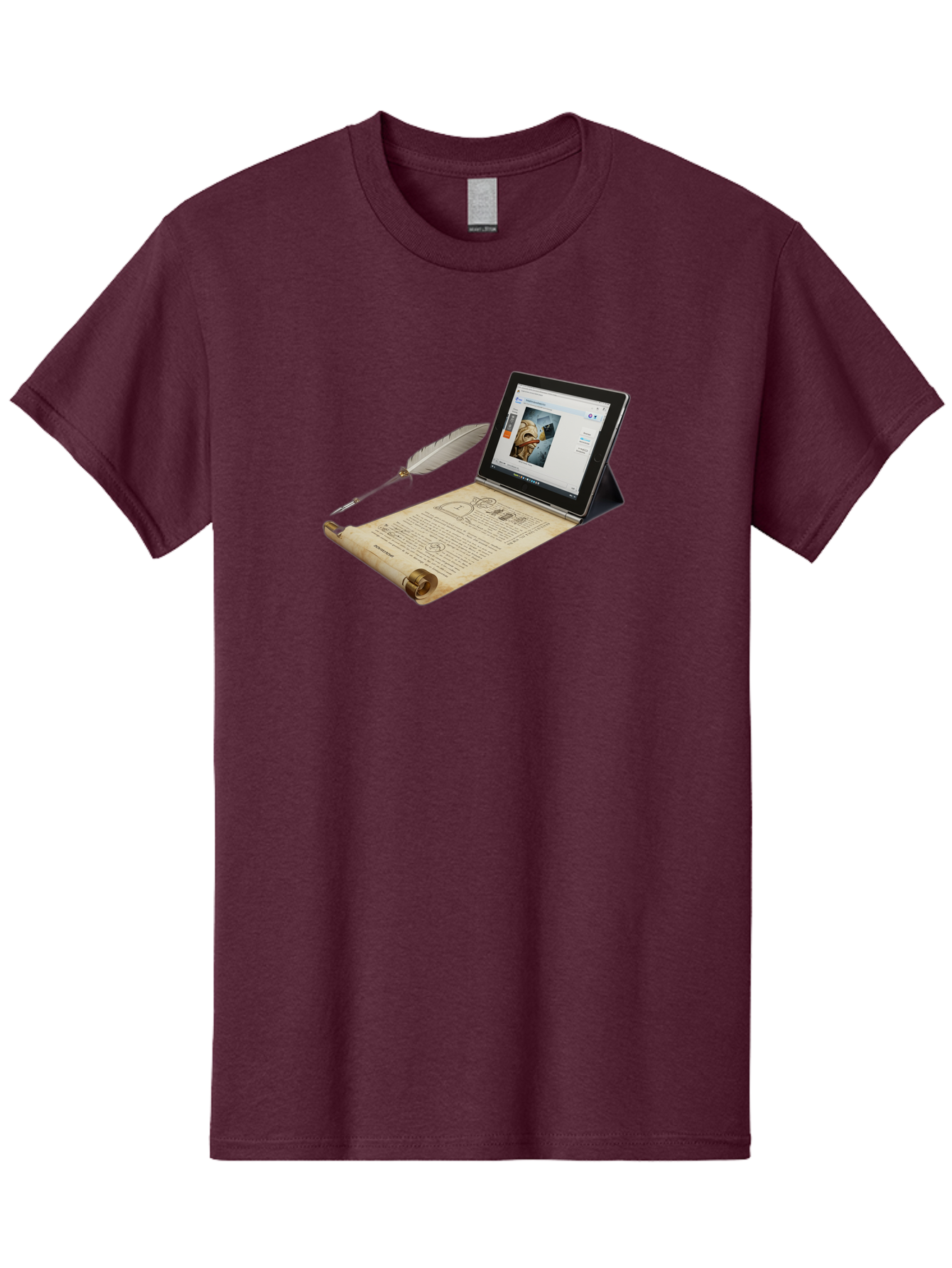 Laptop-Emerging-From-Scroll-With-Quill-Pen Men'S Graphic Tee, 100% Cotton, Comfortable Casual Summer Wear, Machine Washable, Vintage Camera, Old Camera, Antique Camera, Black Camera, Classic Photography, Photography Equipment, Bag679