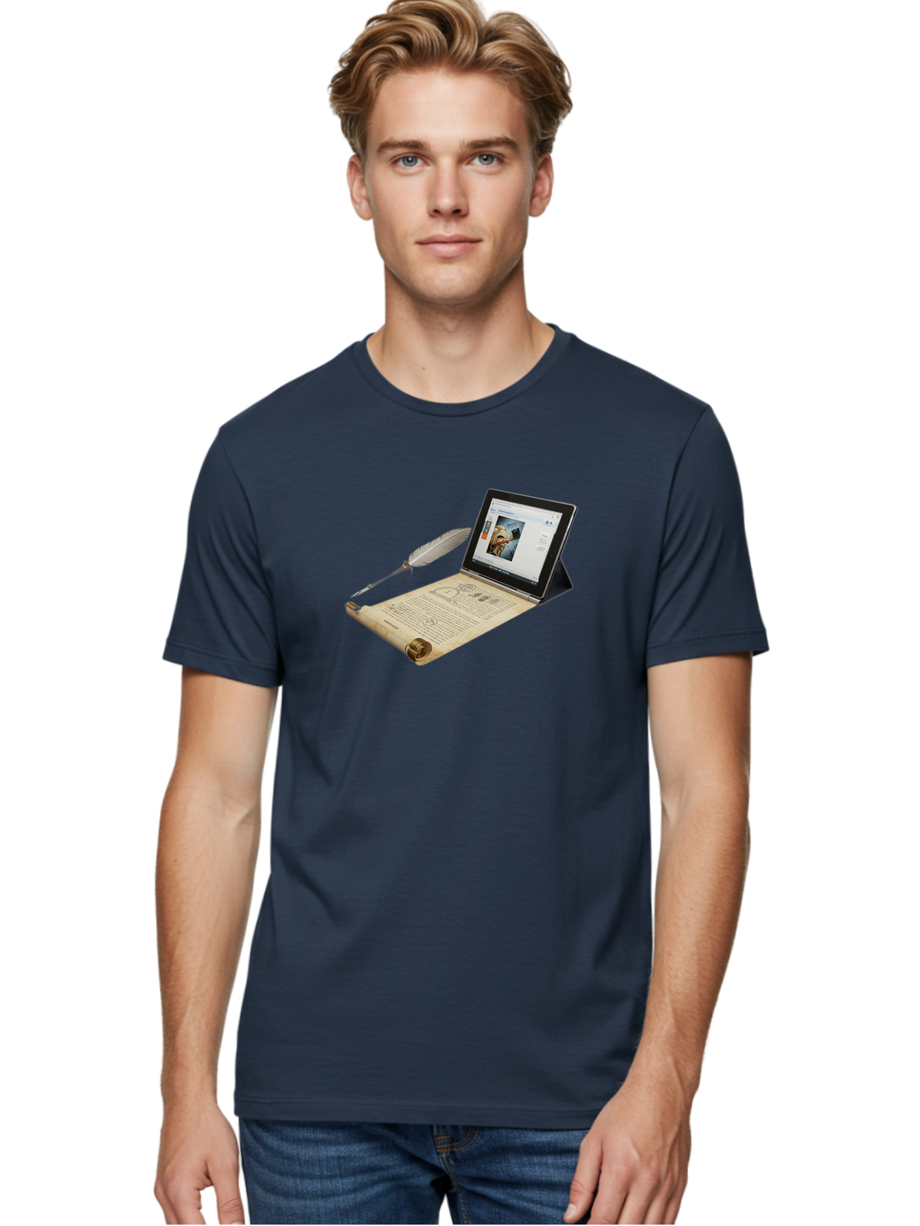 Laptop-Emerging-From-Scroll-With-Quill-Pen Men'S Graphic Tee, 100% Cotton, Comfortable Casual Summer Wear, Machine Washable, Vintage Camera, Old Camera, Antique Camera, Black Camera, Classic Photography, Photography Equipment, Bag679