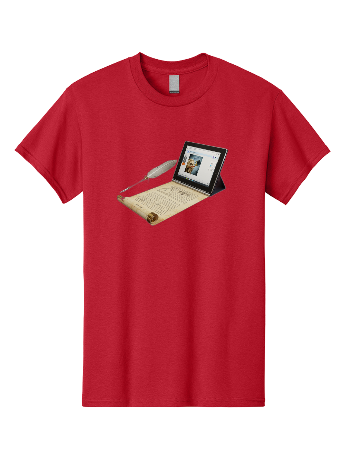 Laptop-Emerging-From-Scroll-With-Quill-Pen Men'S Graphic Tee, 100% Cotton, Comfortable Casual Summer Wear, Machine Washable, Vintage Camera, Old Camera, Antique Camera, Black Camera, Classic Photography, Photography Equipment, Bag679