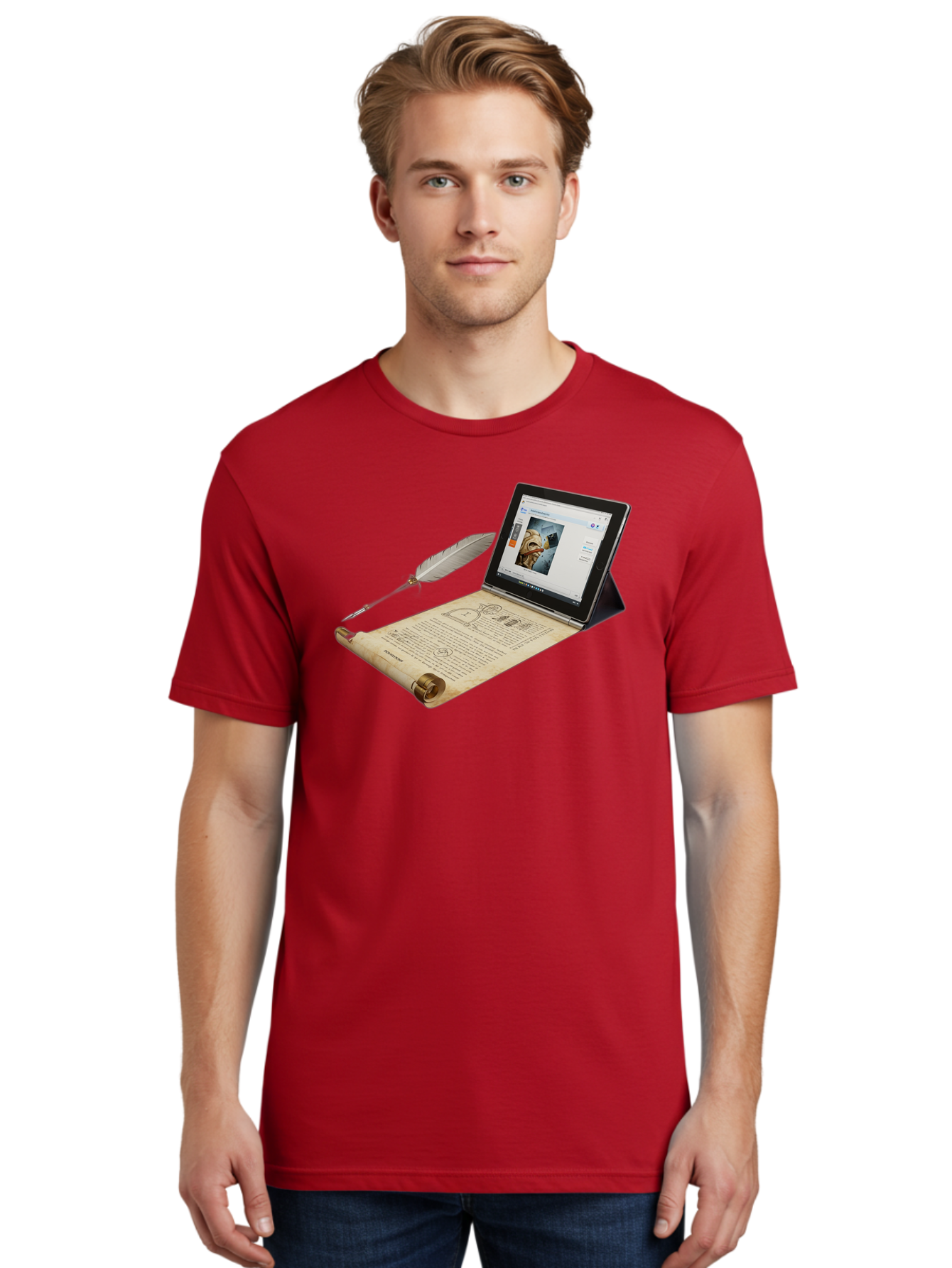 Laptop-Emerging-From-Scroll-With-Quill-Pen Men'S Graphic Tee, 100% Cotton, Comfortable Casual Summer Wear, Machine Washable, Vintage Camera, Old Camera, Antique Camera, Black Camera, Classic Photography, Photography Equipment, Bag679