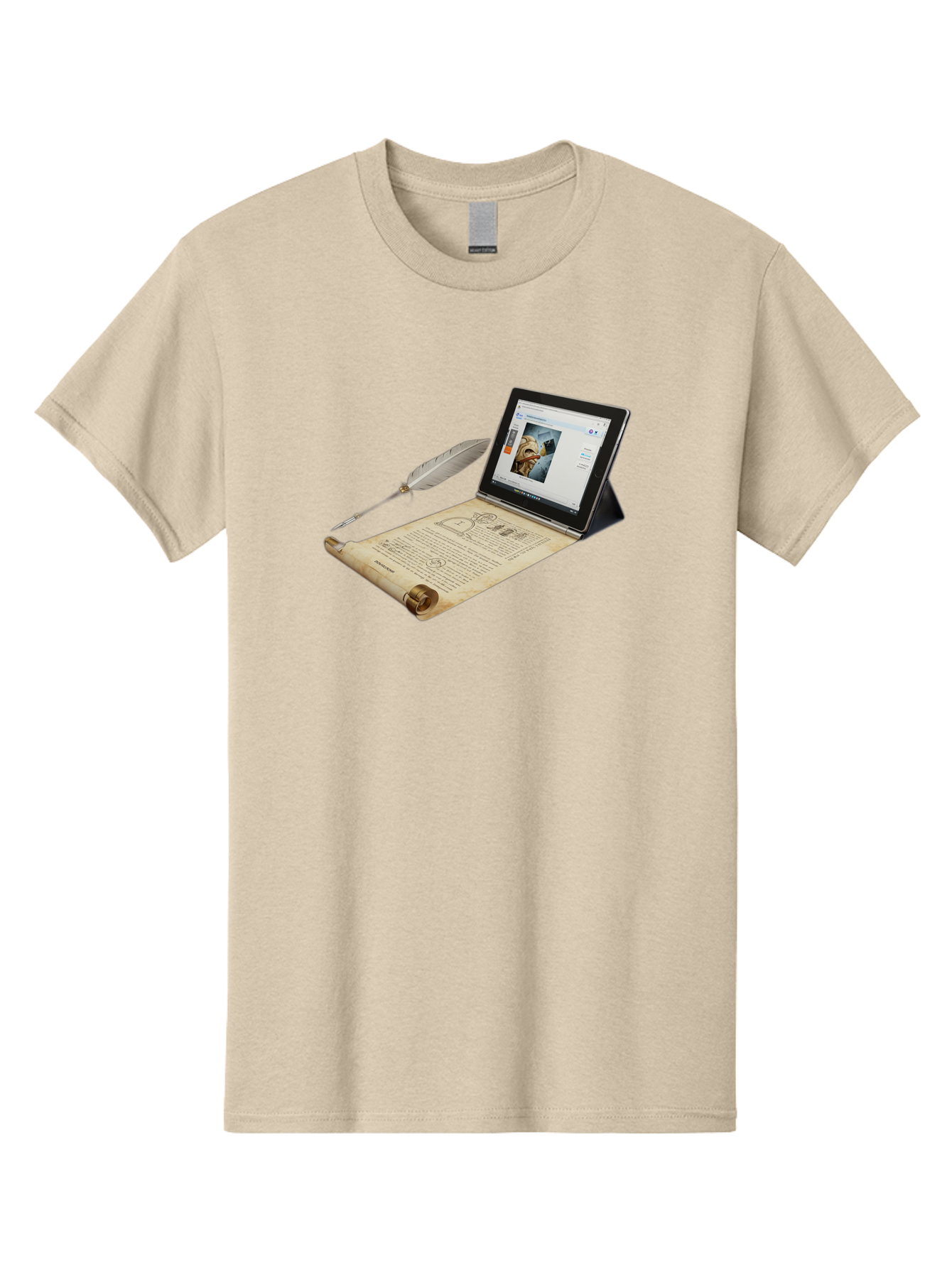 Laptop-Emerging-From-Scroll-With-Quill-Pen Men'S Graphic Tee, 100% Cotton, Comfortable Casual Summer Wear, Machine Washable, Vintage Camera, Old Camera, Antique Camera, Black Camera, Classic Photography, Photography Equipment, Bag679