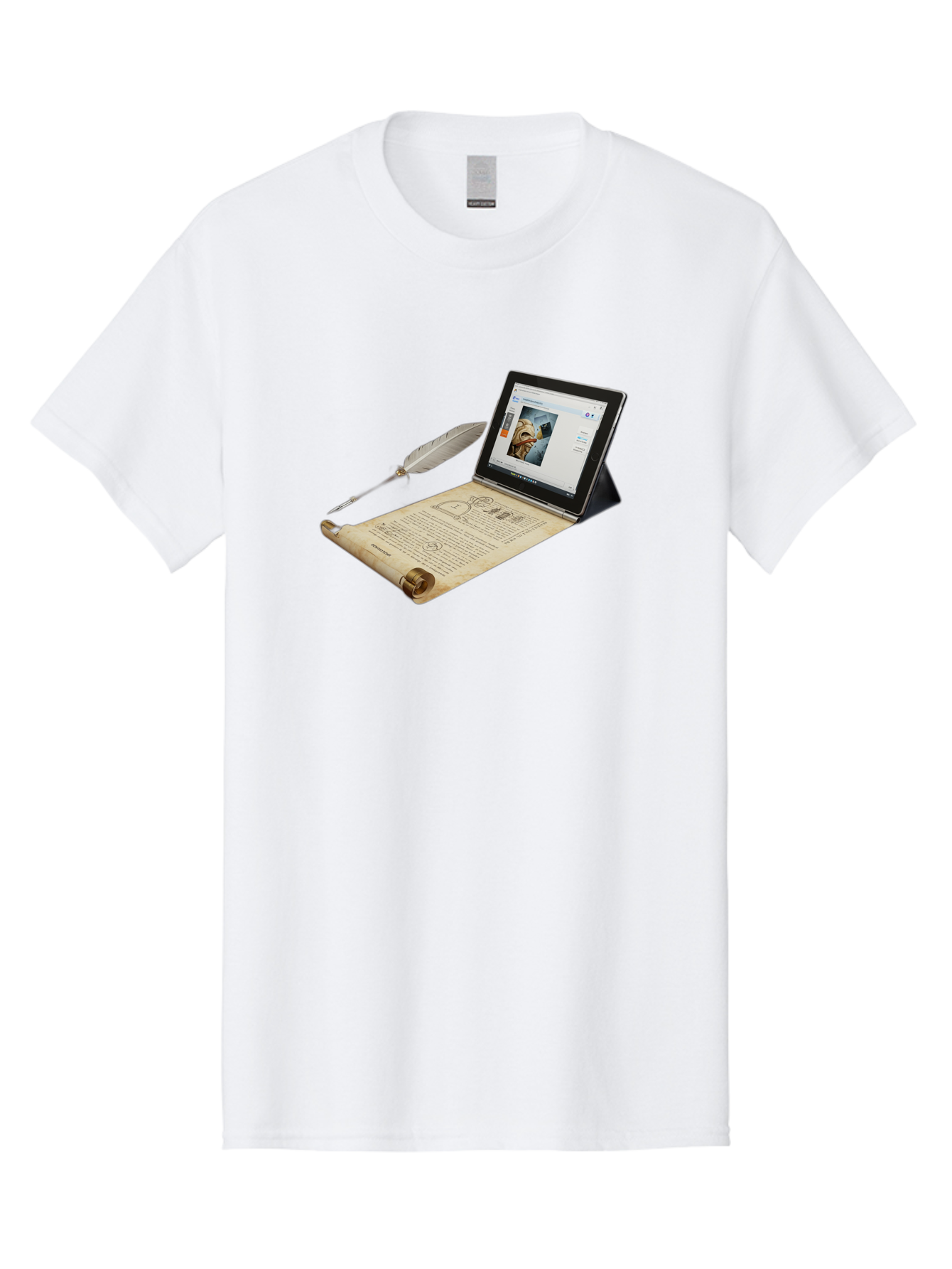 Laptop-Emerging-From-Scroll-With-Quill-Pen Men'S Graphic Tee, 100% Cotton, Comfortable Casual Summer Wear, Machine Washable, Vintage Camera, Old Camera, Antique Camera, Black Camera, Classic Photography, Photography Equipment, Bag679