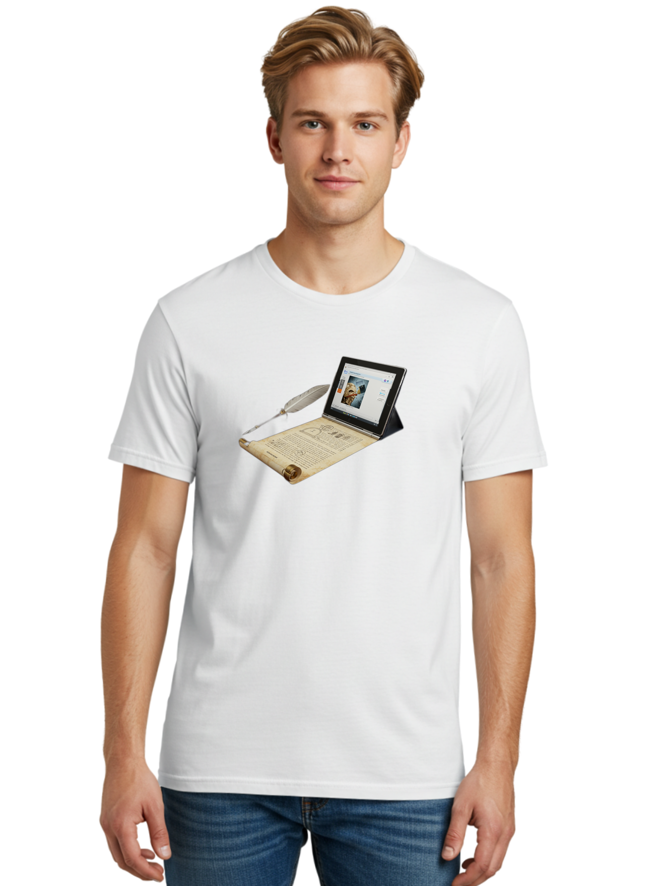 Laptop-Emerging-From-Scroll-With-Quill-Pen Men'S Graphic Tee, 100% Cotton, Comfortable Casual Summer Wear, Machine Washable, Vintage Camera, Old Camera, Antique Camera, Black Camera, Classic Photography, Photography Equipment, Bag679