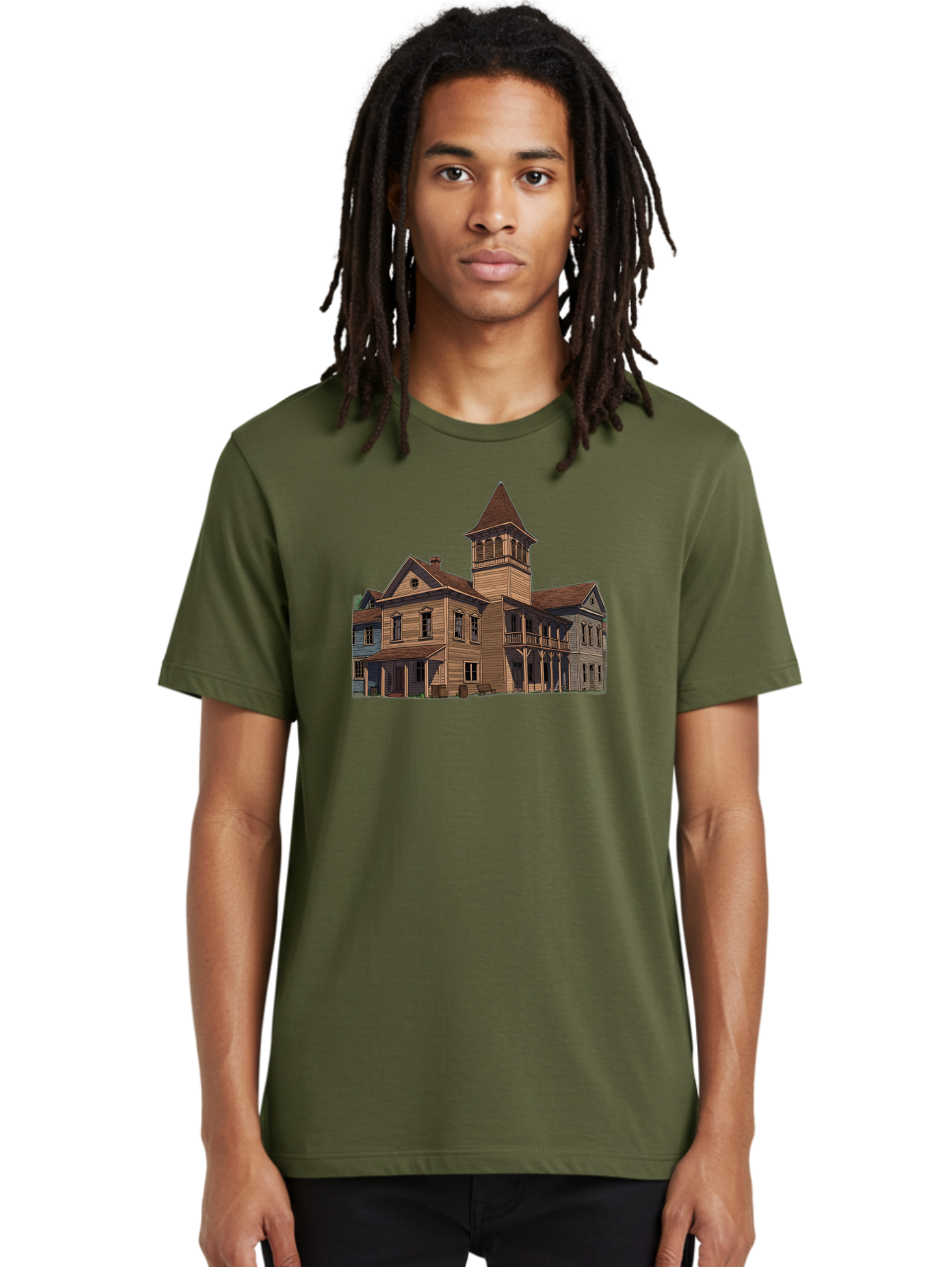 Large-Building-With-Tower Men'S Graphic Tee, 100% Cotton, Comfortable Casual Summer Wear, Machine Washable, Vintage Camera, Old Camera, Antique Camera, Black Camera, Classic Photography, Photography Equipment, Nostalgic Device, Film Camera, Bag680