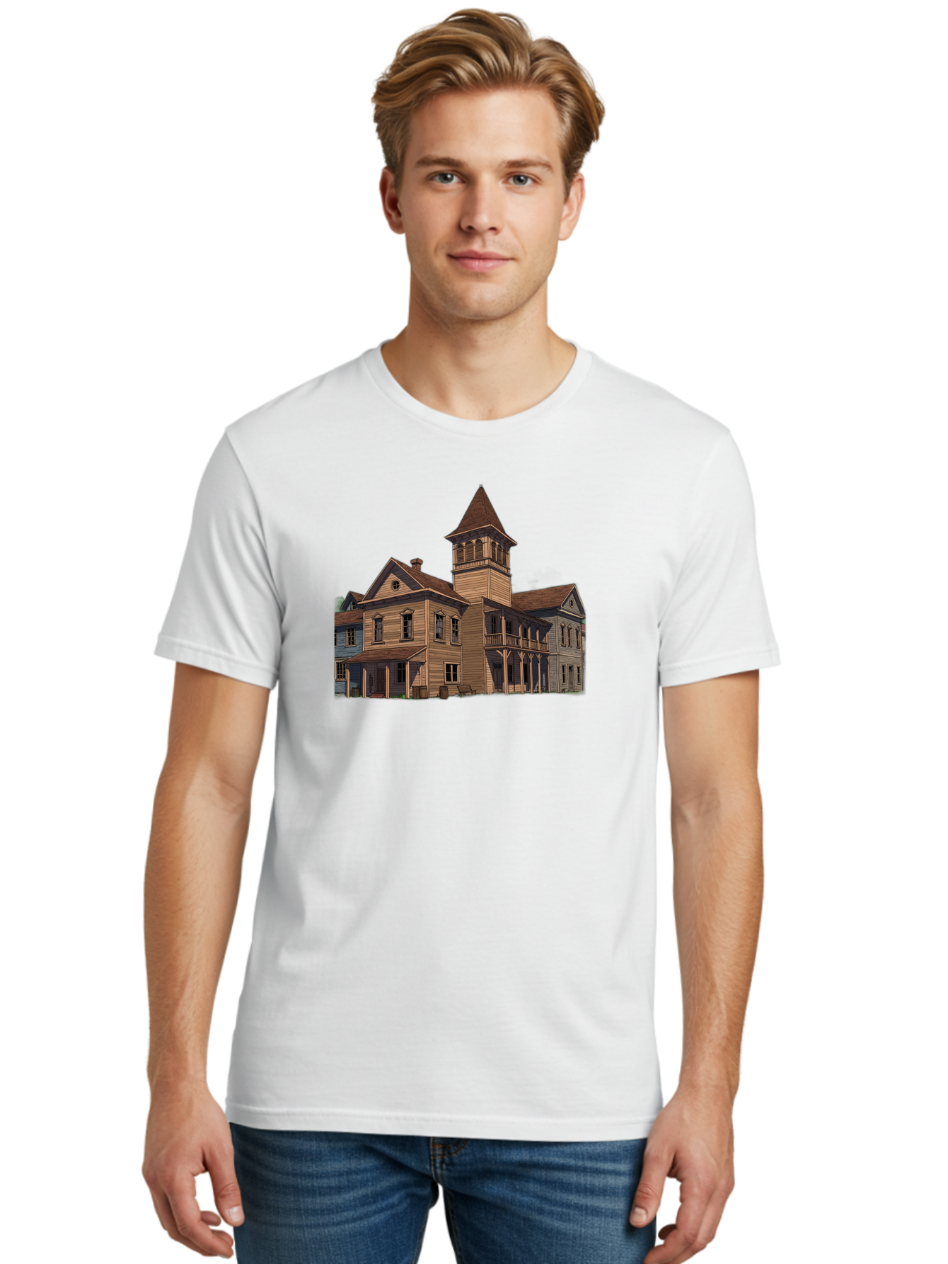 Large-Building-With-Tower Men'S Graphic Tee, 100% Cotton, Comfortable Casual Summer Wear, Machine Washable, Vintage Camera, Old Camera, Antique Camera, Black Camera, Classic Photography, Photography Equipment, Nostalgic Device, Film Camera, Bag680