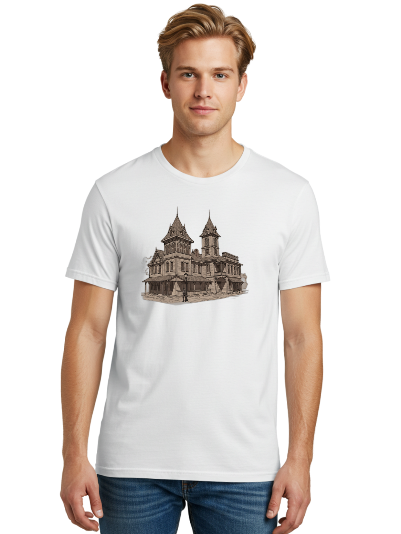 Large-Victorian-Style-Mansion Men'S Graphic Tee, 100% Cotton, Comfortable Casual Summer Wear, Machine Washable, Vintage Camera, Old Camera, Antique Camera, Black Camera, Classic Photography, Photography Equipment, Nostalgic Device, Bag681