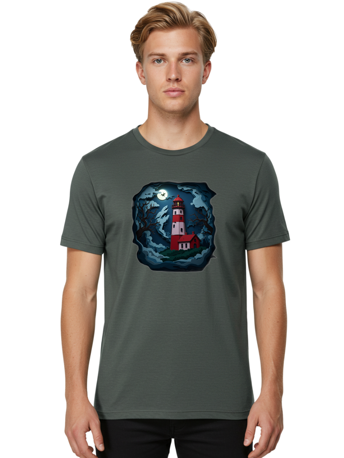Lighthouse-At-Night Men'S Graphic Tee, 100% Cotton, Comfortable Casual Summer Wear, Machine Washable, Vintage Camera, Old Camera, Antique Camera, Black Camera, Classic Photography, Photography Equipment, Nostalgic Device, Film Camera, Bag715