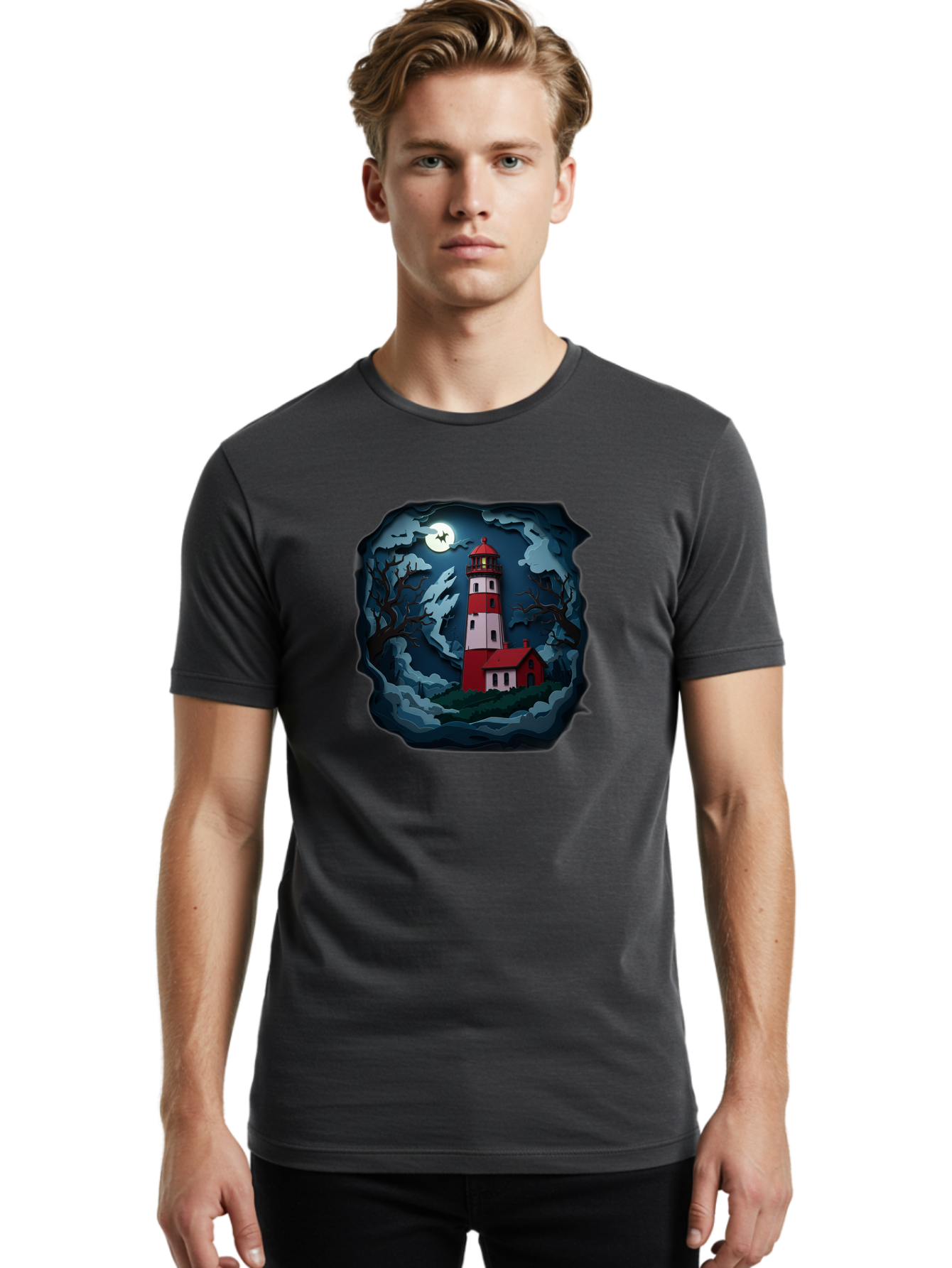 Lighthouse-At-Night Men'S Graphic Tee, 100% Cotton, Comfortable Casual Summer Wear, Machine Washable, Vintage Camera, Old Camera, Antique Camera, Black Camera, Classic Photography, Photography Equipment, Nostalgic Device, Film Camera, Bag715