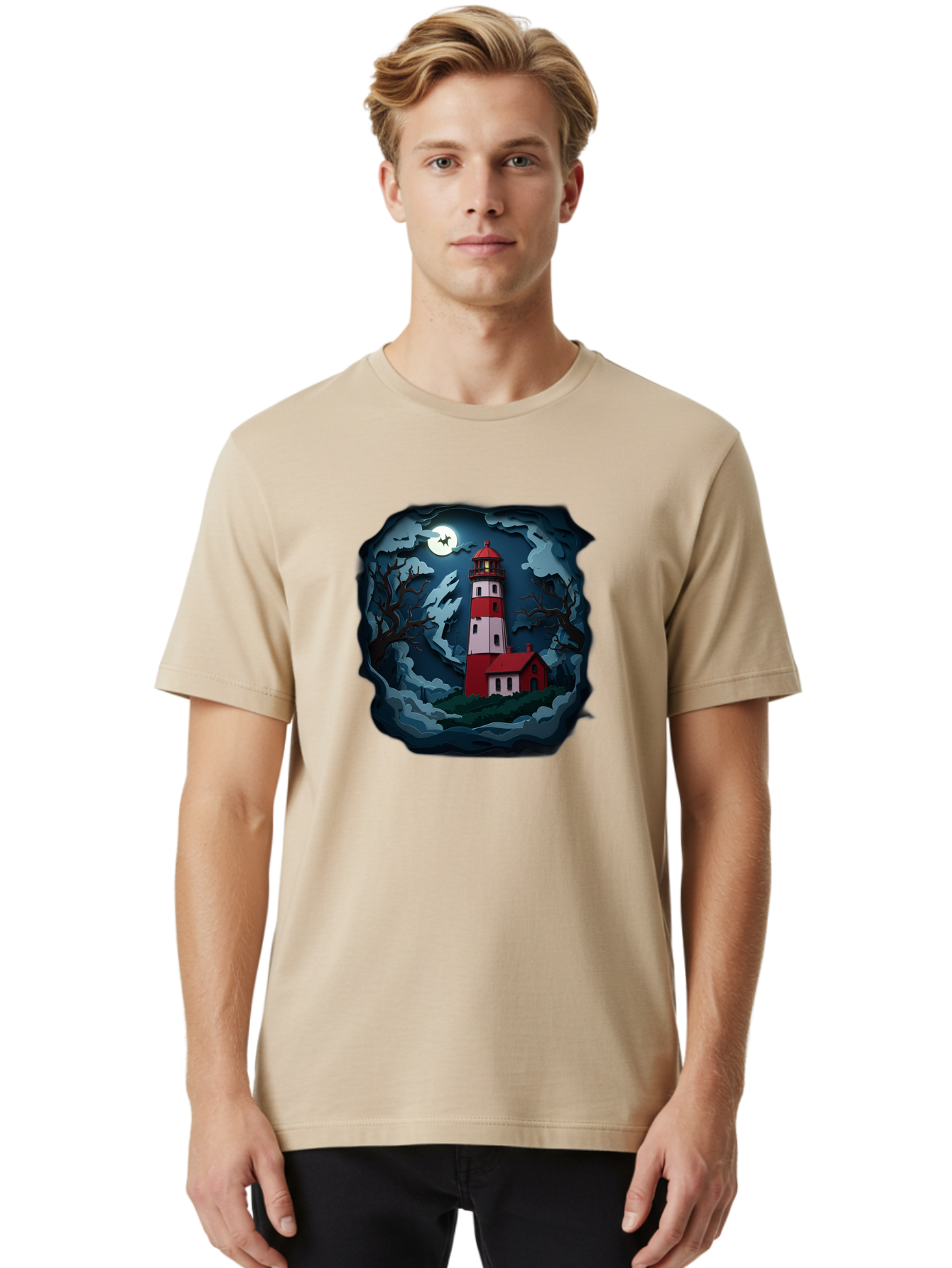 Lighthouse-At-Night Men'S Graphic Tee, 100% Cotton, Comfortable Casual Summer Wear, Machine Washable, Vintage Camera, Old Camera, Antique Camera, Black Camera, Classic Photography, Photography Equipment, Nostalgic Device, Film Camera, Bag715