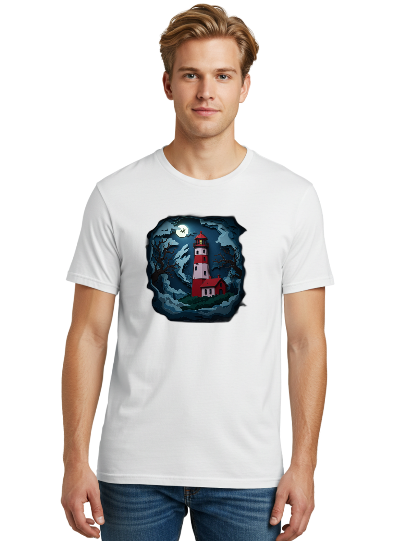Lighthouse-At-Night Men'S Graphic Tee, 100% Cotton, Comfortable Casual Summer Wear, Machine Washable, Vintage Camera, Old Camera, Antique Camera, Black Camera, Classic Photography, Photography Equipment, Nostalgic Device, Film Camera, Bag715