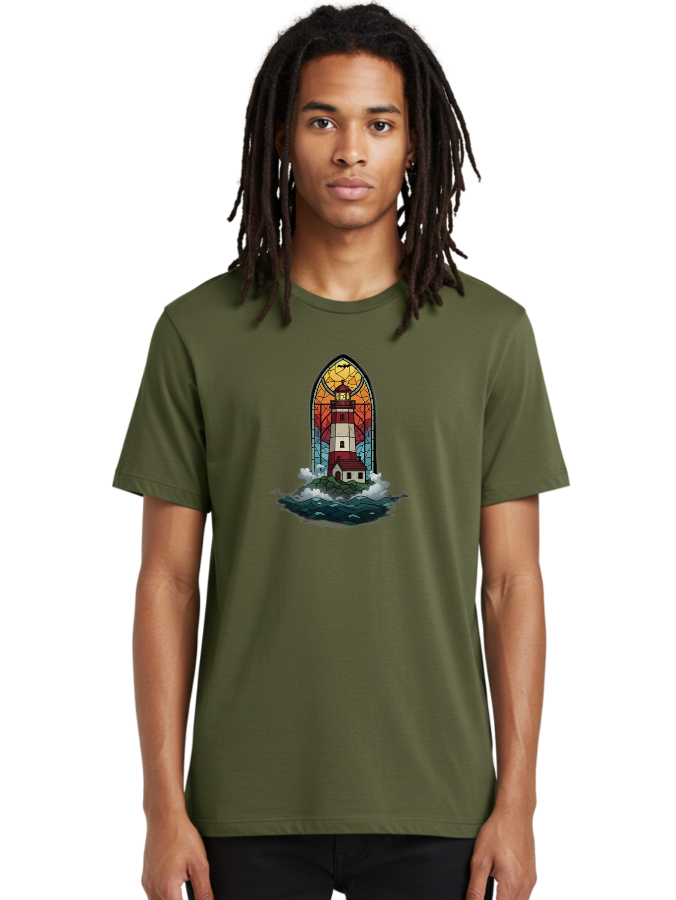 Lighthouse-Stained-Glass Men'S Graphic Tee, 100% Cotton, Comfortable Casual Summer Wear, Machine Washable, Vintage Camera, Old Camera, Antique Camera, Black Camera, Classic Photography, Photography Equipment, Nostalgic Device, Film Camera, Bag724