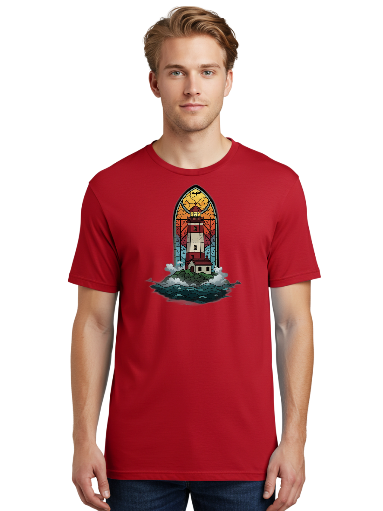 Lighthouse-Stained-Glass Men'S Graphic Tee, 100% Cotton, Comfortable Casual Summer Wear, Machine Washable, Vintage Camera, Old Camera, Antique Camera, Black Camera, Classic Photography, Photography Equipment, Nostalgic Device, Film Camera, Bag724