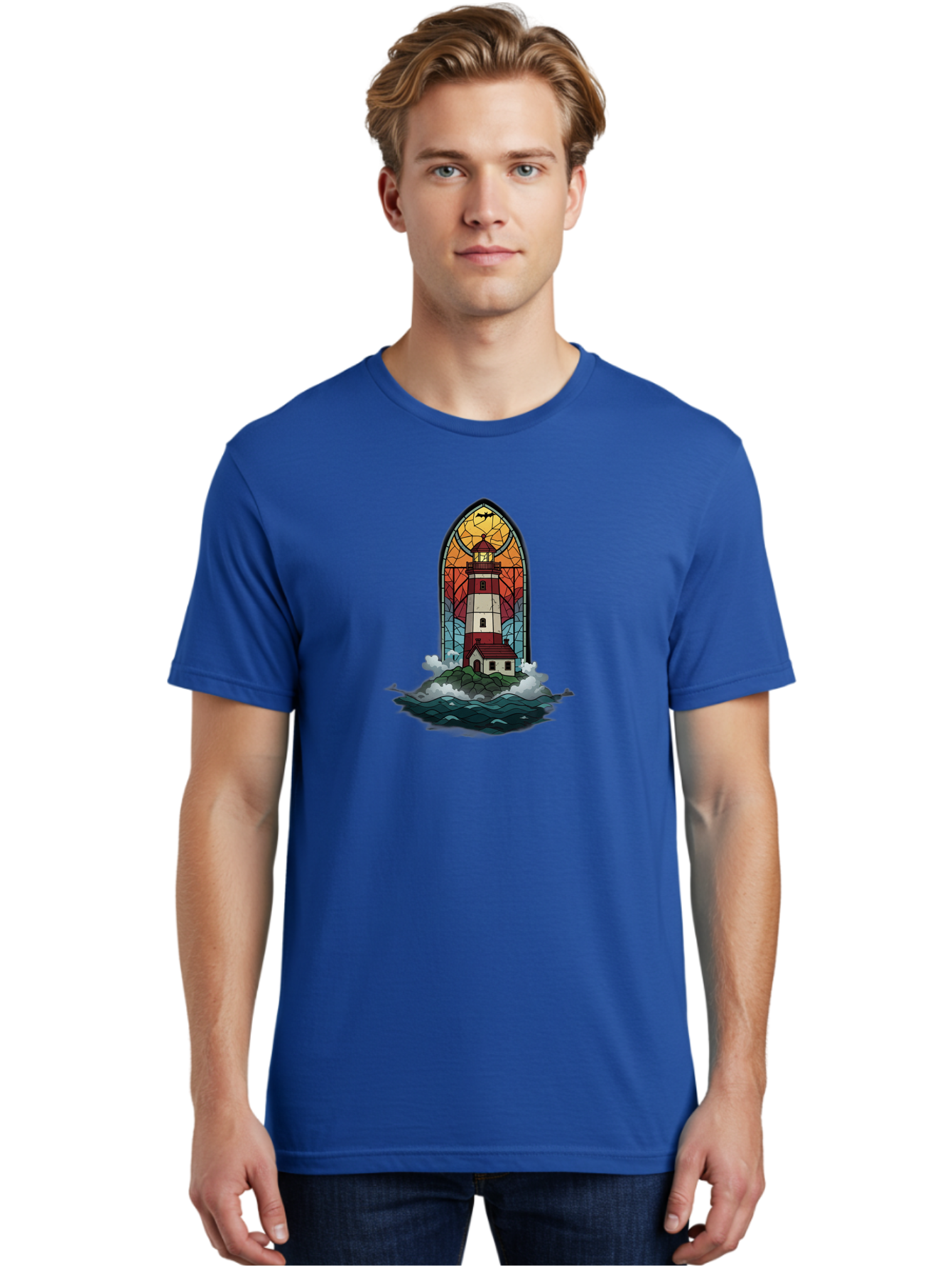 Lighthouse-Stained-Glass Men'S Graphic Tee, 100% Cotton, Comfortable Casual Summer Wear, Machine Washable, Vintage Camera, Old Camera, Antique Camera, Black Camera, Classic Photography, Photography Equipment, Nostalgic Device, Film Camera, Bag724