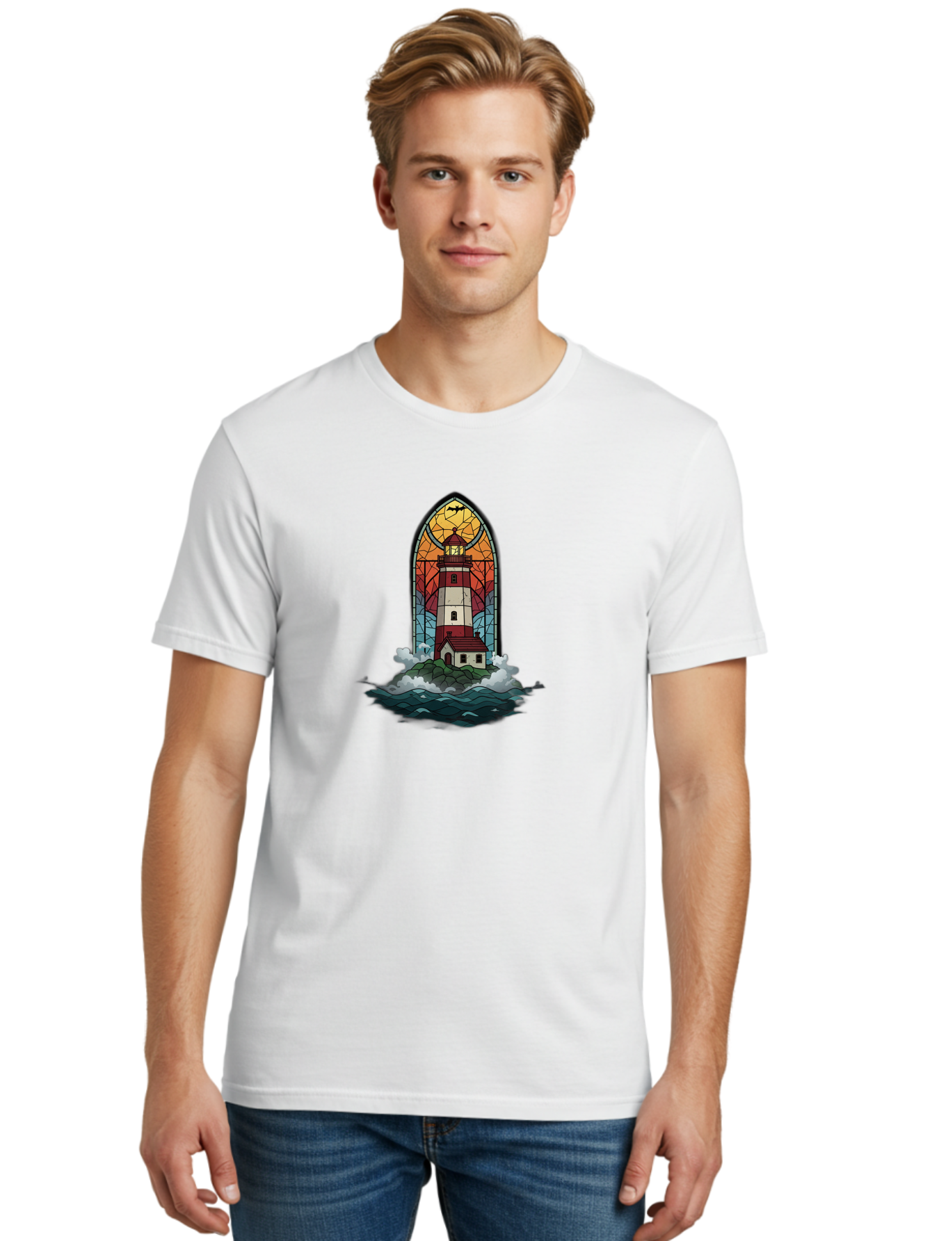Lighthouse-Stained-Glass Men'S Graphic Tee, 100% Cotton, Comfortable Casual Summer Wear, Machine Washable, Vintage Camera, Old Camera, Antique Camera, Black Camera, Classic Photography, Photography Equipment, Nostalgic Device, Film Camera, Bag724