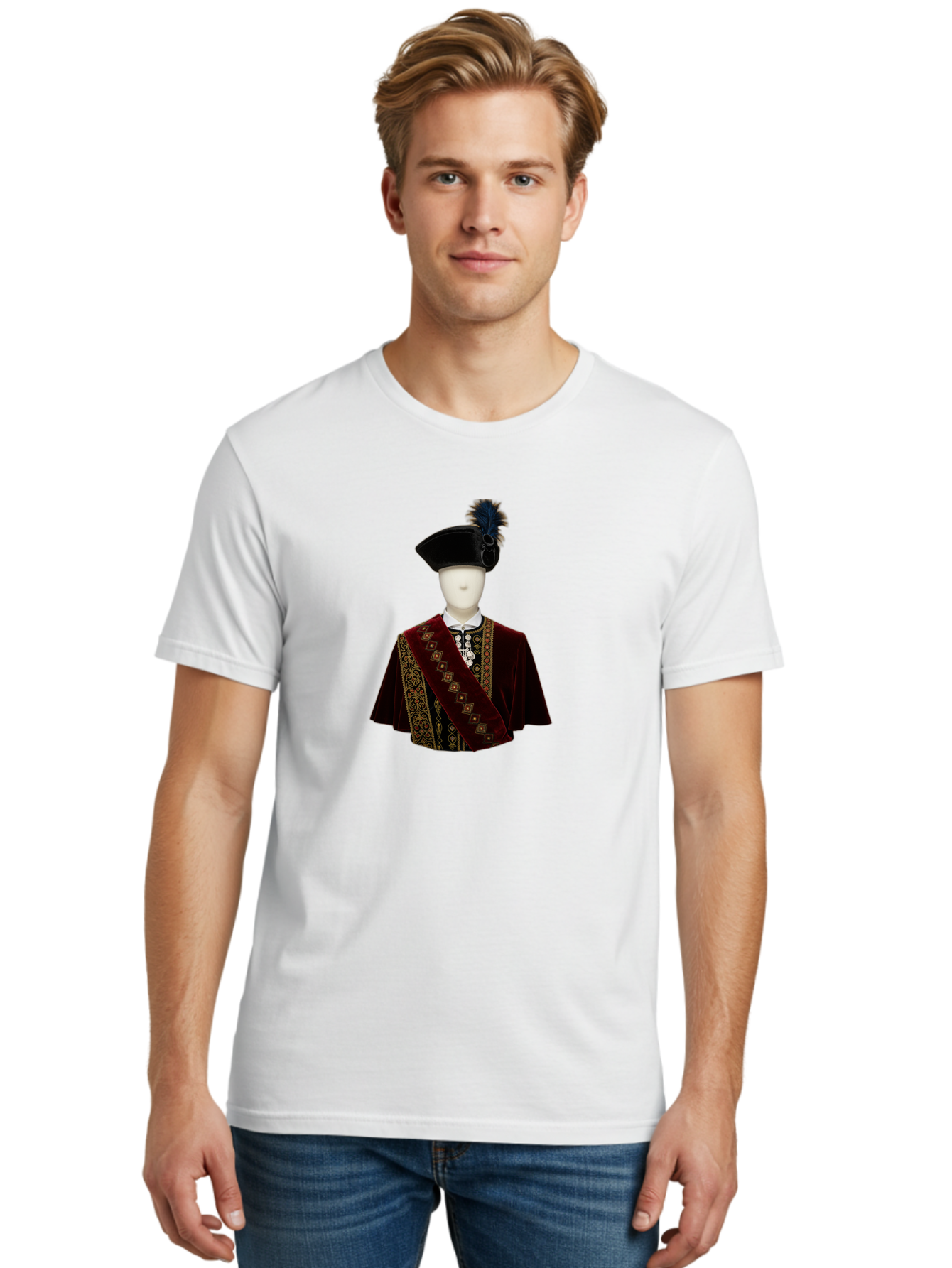 Mannequin-In-Sash-Coat-And-Hat Men'S Graphic Tee, 100% Cotton, Comfortable Casual Summer Wear, Machine Washable, Vintage Camera, Old Camera, Antique Camera, Black Camera, Classic Photography, Photography Equipment, Nostalgic Device, Bag759