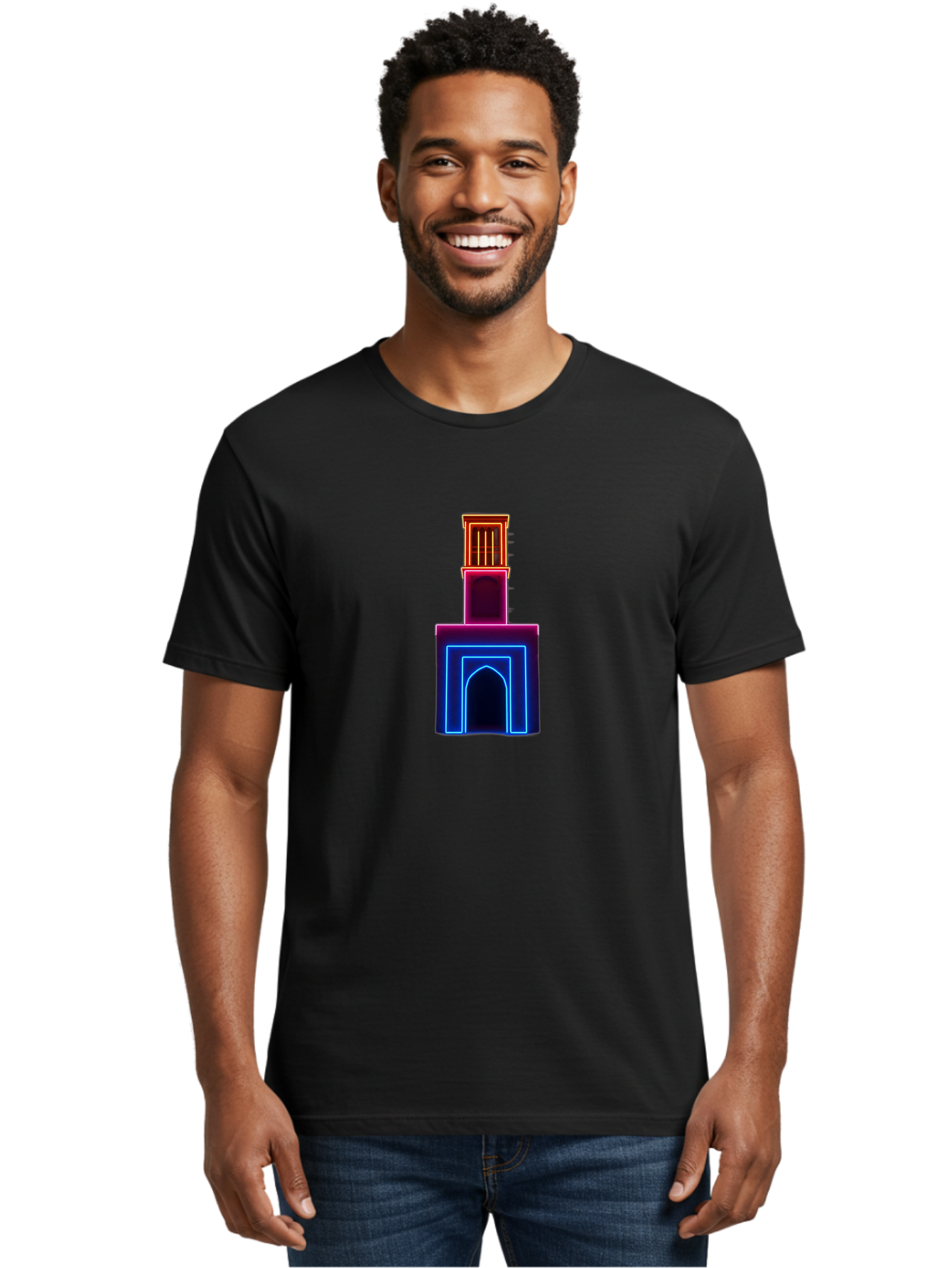 Neon-Tower-With-Archway Men'S Graphic Tee, 100% Cotton, Comfortable Casual Summer Wear, Machine Washable, Vintage Camera, Old Camera, Antique Camera, Black Camera, Classic Photography, Photography Equipment, Nostalgic Device, Film Camera, Bag856