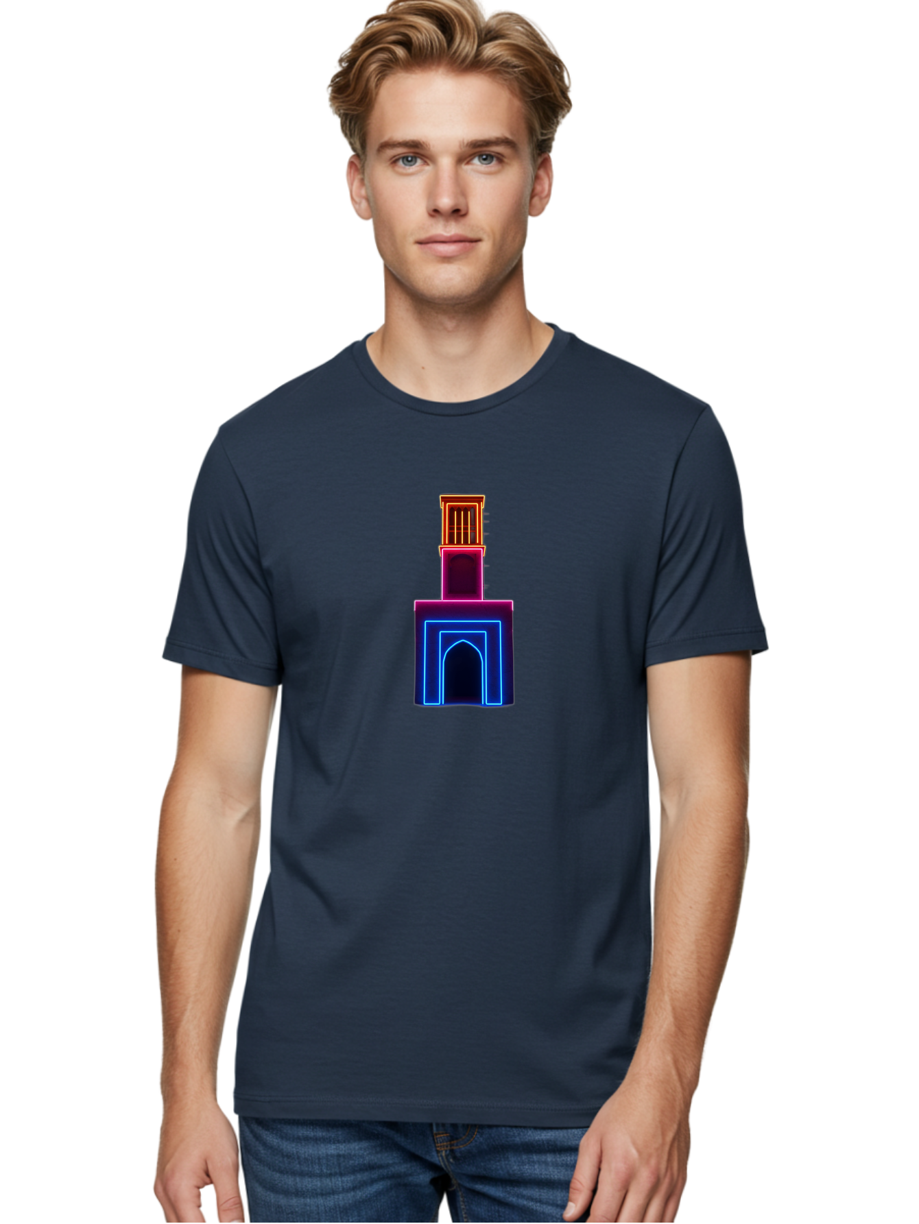 Neon-Tower-With-Archway Men'S Graphic Tee, 100% Cotton, Comfortable Casual Summer Wear, Machine Washable, Vintage Camera, Old Camera, Antique Camera, Black Camera, Classic Photography, Photography Equipment, Nostalgic Device, Film Camera, Bag856