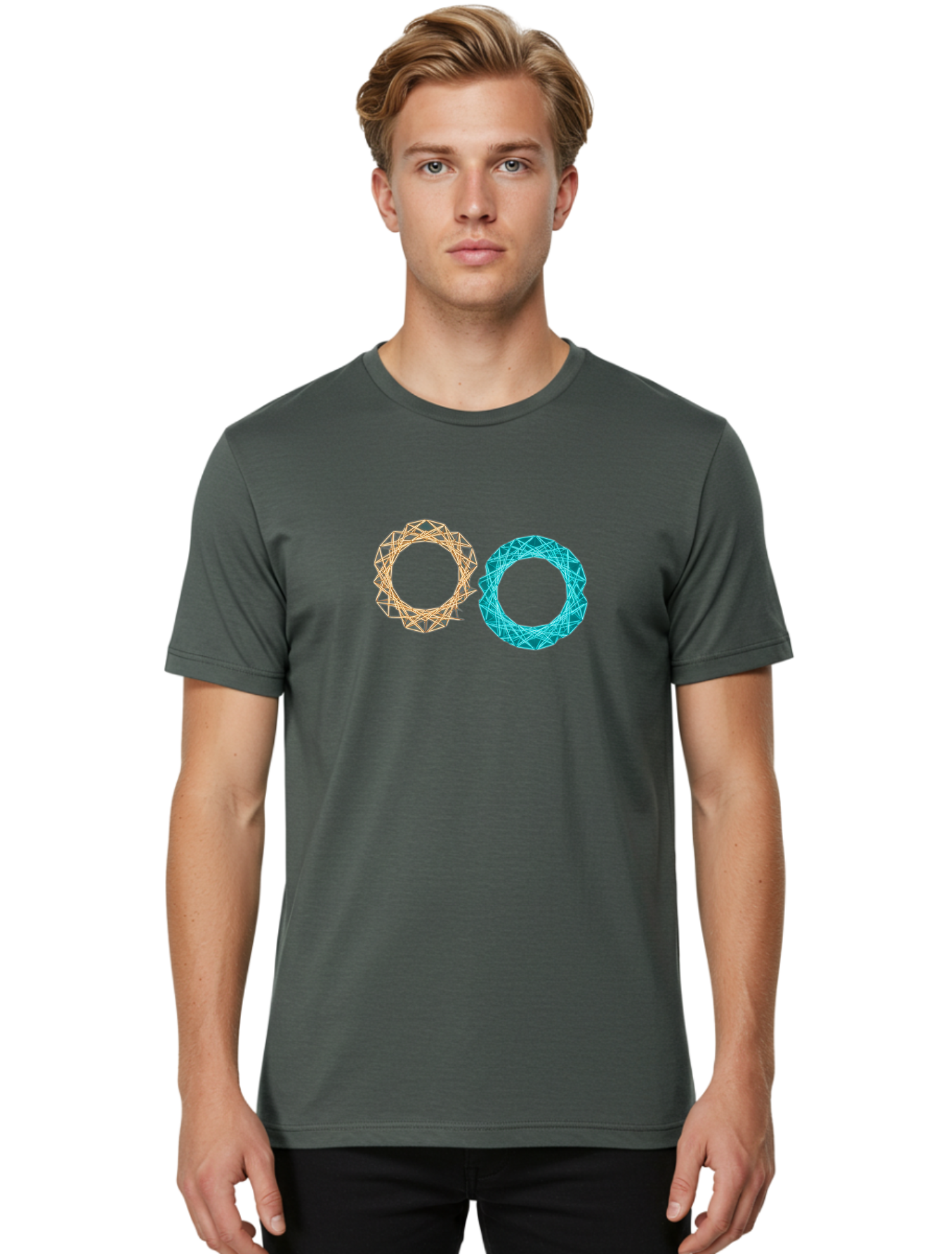 Orange-And-Blue-Wireframe-Circles Men'S Graphic Tee, 100% Cotton, Comfortable Casual Summer Wear, Machine Washable, Vintage Camera, Old Camera, Antique Camera, Black Camera, Classic Photography, Photography Equipment, Nostalgic Device, Bag881