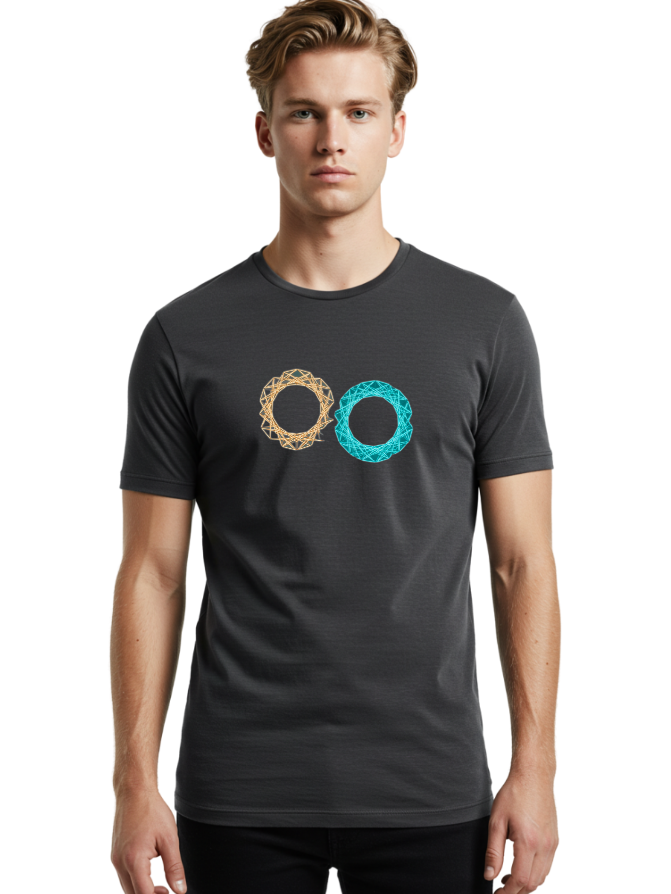 Orange-And-Blue-Wireframe-Circles Men'S Graphic Tee, 100% Cotton, Comfortable Casual Summer Wear, Machine Washable, Vintage Camera, Old Camera, Antique Camera, Black Camera, Classic Photography, Photography Equipment, Nostalgic Device, Bag881