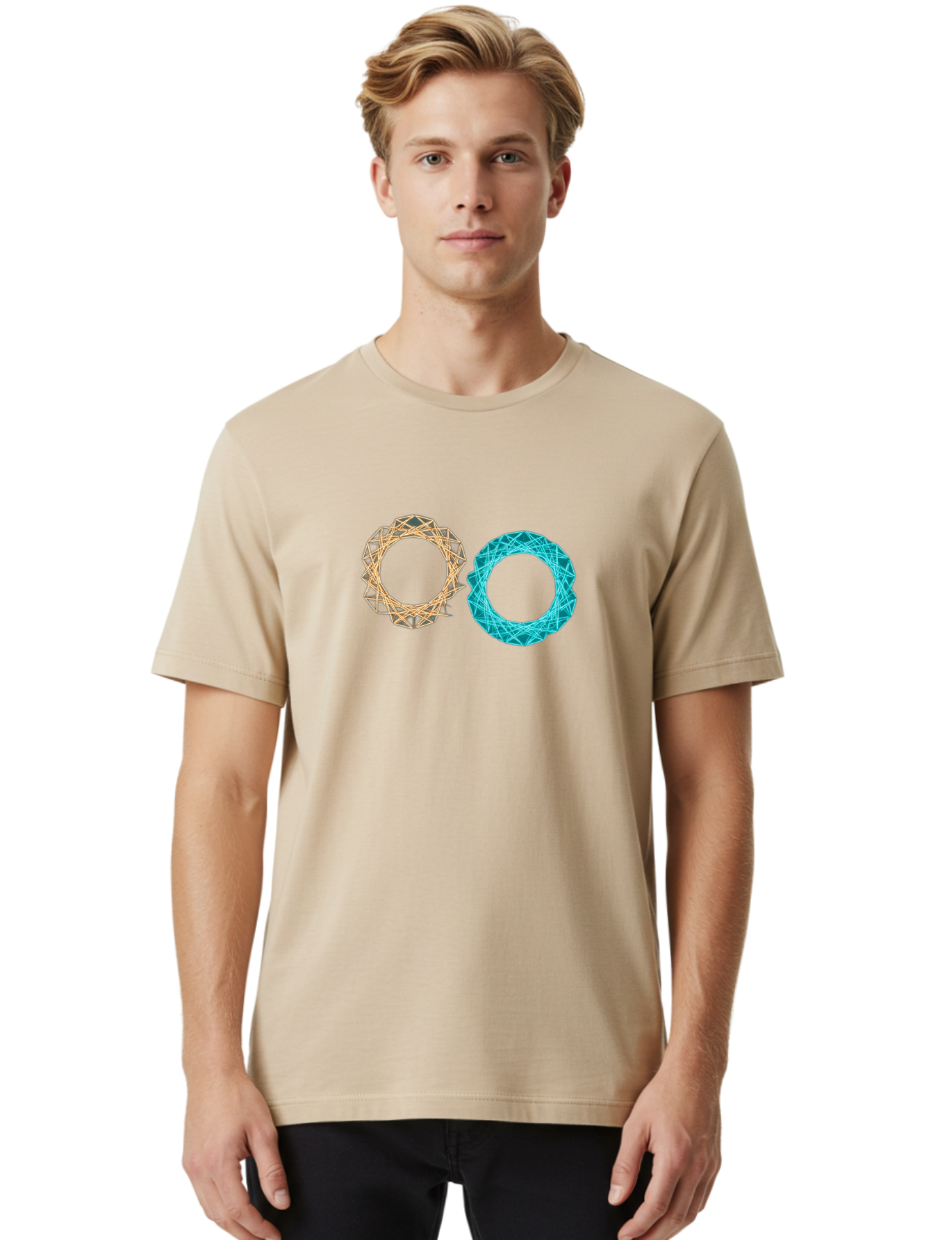 Orange-And-Blue-Wireframe-Circles Men'S Graphic Tee, 100% Cotton, Comfortable Casual Summer Wear, Machine Washable, Vintage Camera, Old Camera, Antique Camera, Black Camera, Classic Photography, Photography Equipment, Nostalgic Device, Bag881