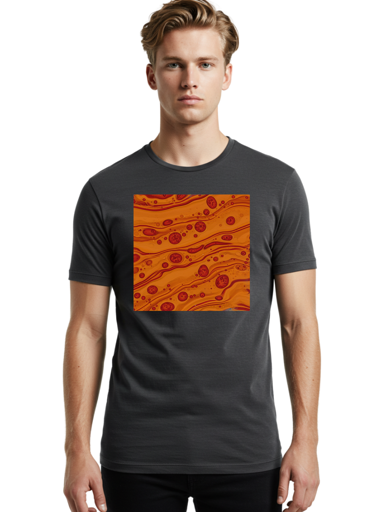 Orange-Marble-Pattern Men'S Graphic Tee, 100% Cotton, Comfortable Casual Summer Wear, Machine Washable, Vintage Camera, Old Camera, Antique Camera, Black Camera, Classic Photography, Photography Equipment, Nostalgic Device, Film Camera, Bag885
