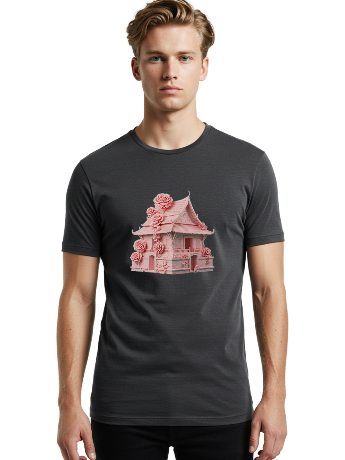 Pagoda-House-With-Roses Men'S Graphic Tee, 100% Cotton, Comfortable Casual Summer Wear, Machine Washable, Vintage Camera, Old Camera, Antique Camera, Black Camera, Classic Photography, Photography Equipment, Nostalgic Device, Film Camera, Bag921