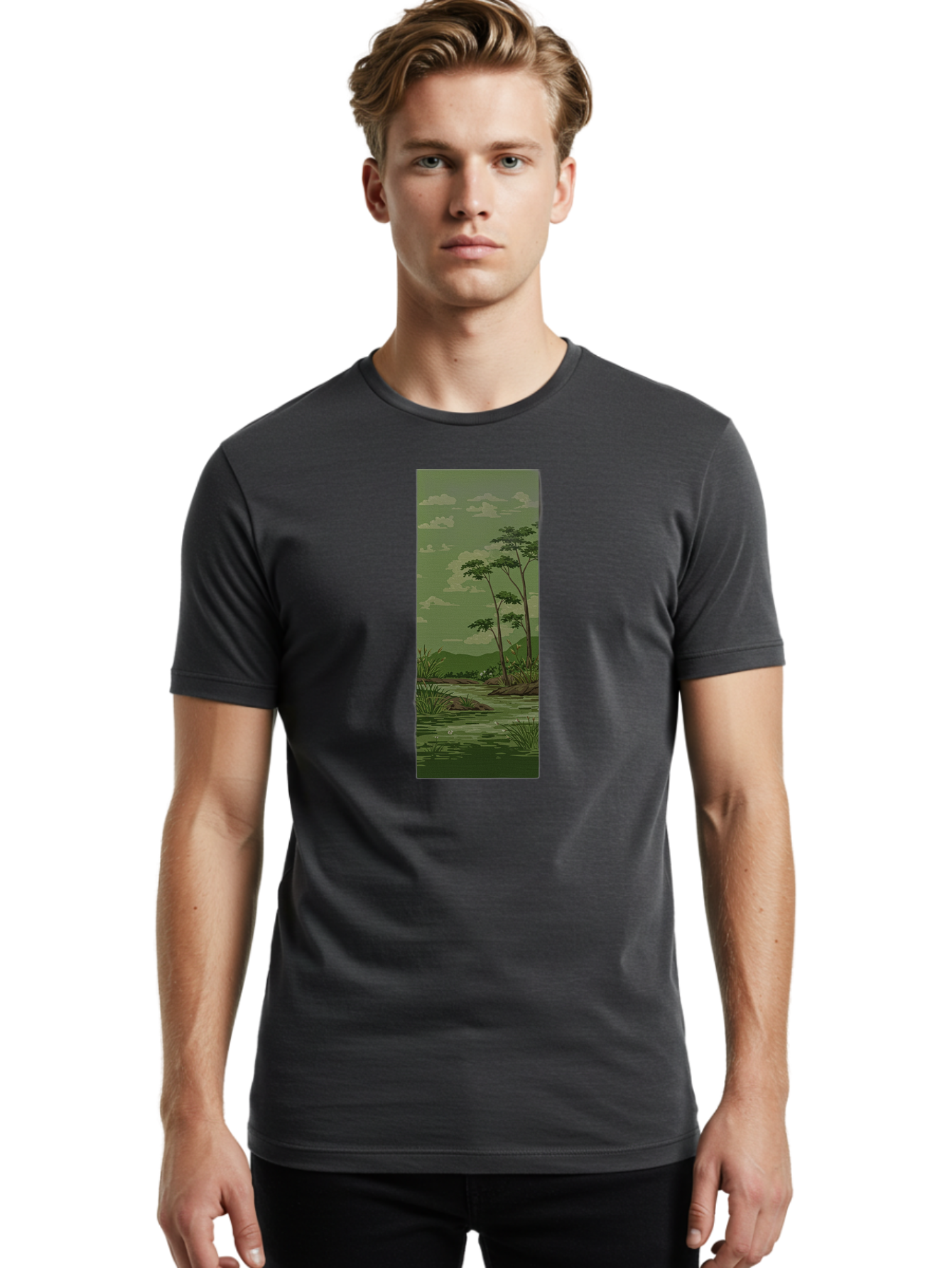 River-Landscape Men'S Graphic Tee, 100% Cotton, Comfortable Casual Summer Wear, Machine Washable, Vintage Camera, Old Camera, Antique Camera, Black Camera, Classic Photography, Photography Equipment, Nostalgic Device, Film Camera, Camera Art Bah027