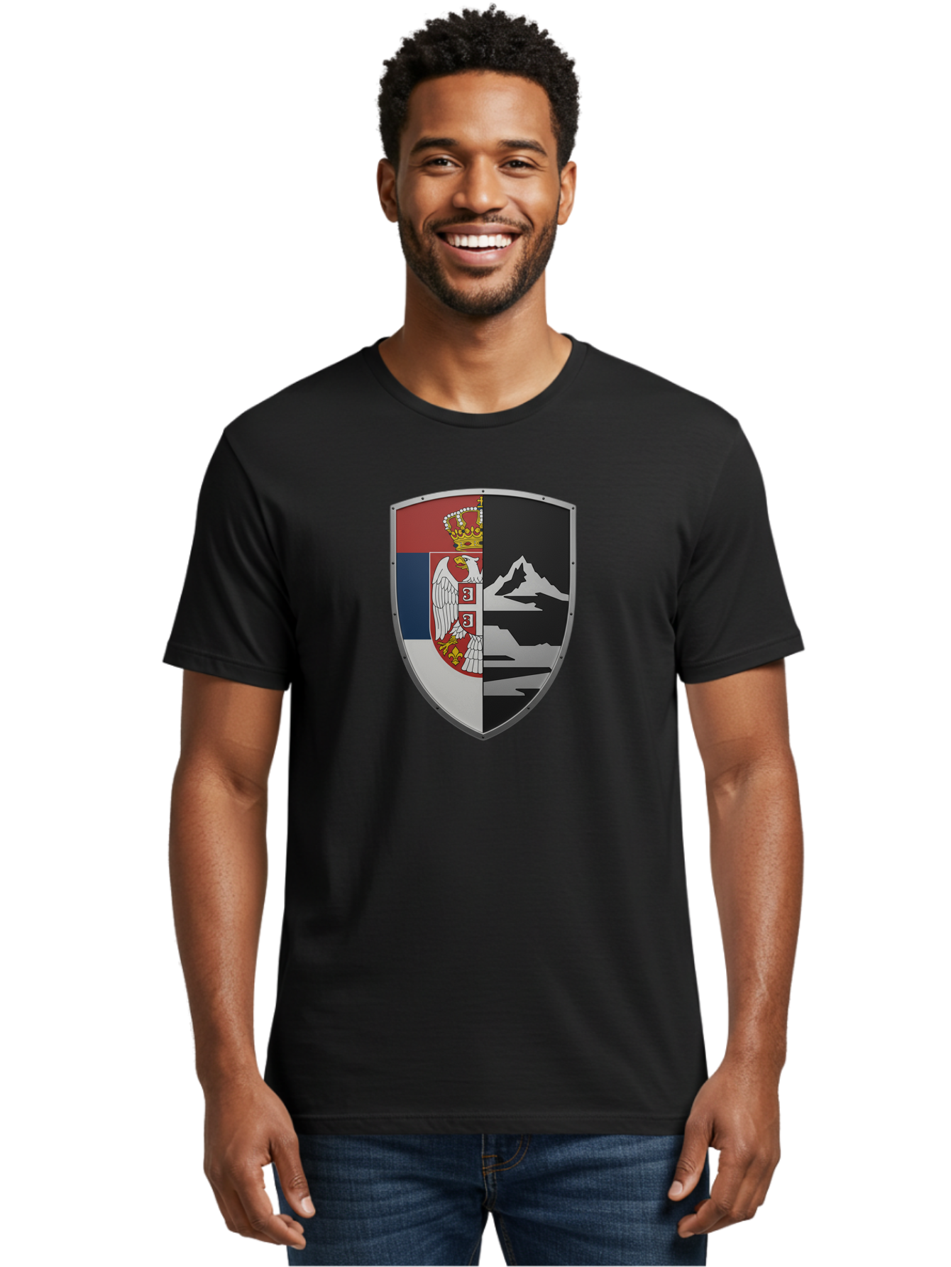 Shield-With-Eagle-And-Mountain Men'S Graphic Tee, 100% Cotton, Comfortable Casual Summer Wear, Machine Washable, Vintage Camera, Old Camera, Antique Camera, Black Camera, Classic Photography, Photography Equipment, Nostalgic Device, Bah100
