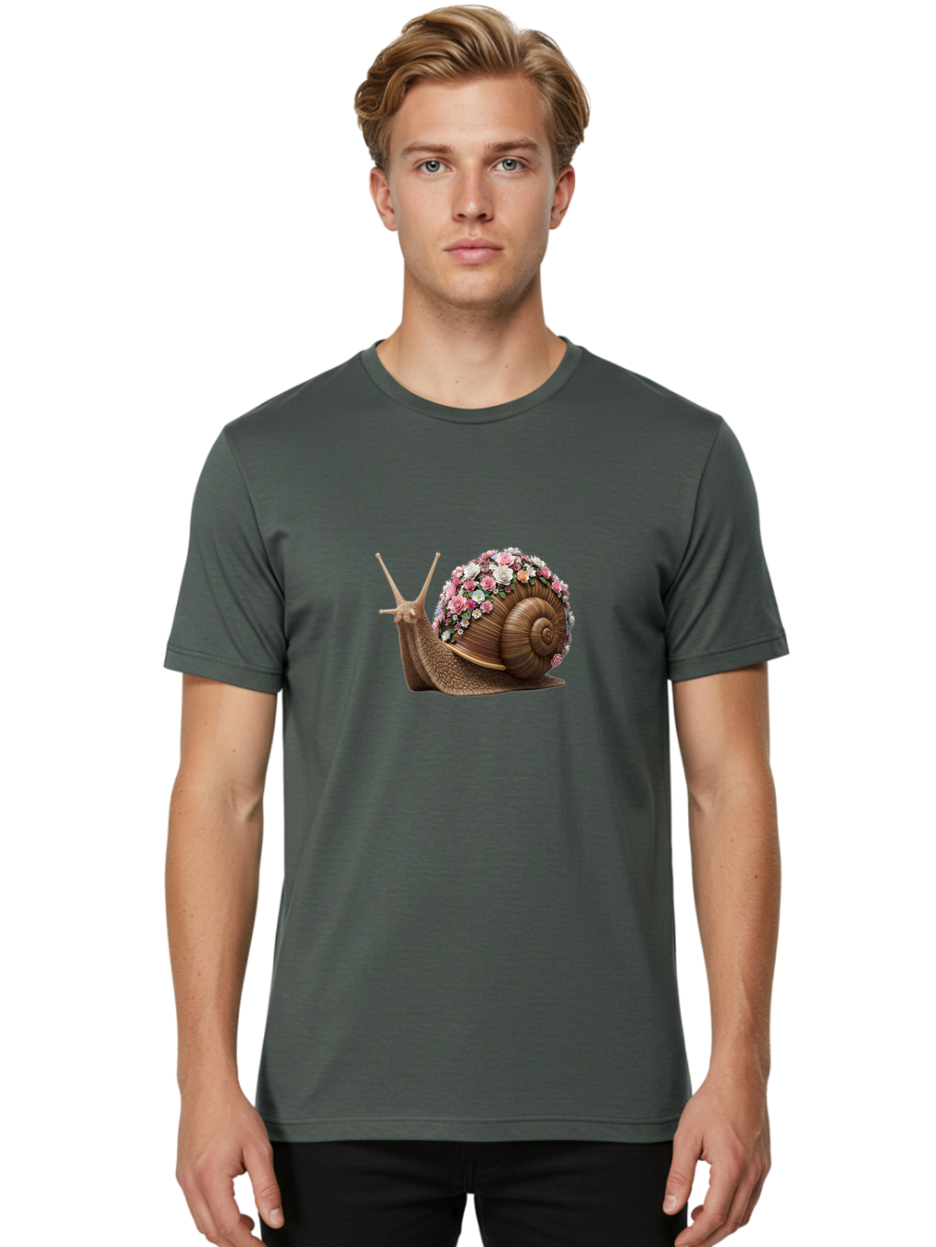 Snail-With-Flowers-4 Men'S Graphic Tee, 100% Cotton, Comfortable Casual Summer Wear, Machine Washable, Vintage Camera, Old Camera, Antique Camera, Black Camera, Classic Photography, Photography Equipment, Nostalgic Device, Film Camera, Bah142