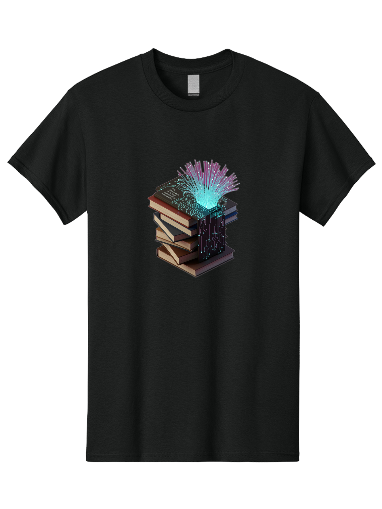 Stacked-Books-With-Circuit-Board-And-Data-Streams Men'S Graphic Tee, 100% Cotton, Comfortable Casual Summer Wear, Machine Washable, Vintage Camera, Old Camera, Antique Camera, Black Camera, Classic Photography, Photography Equipment, Bah172