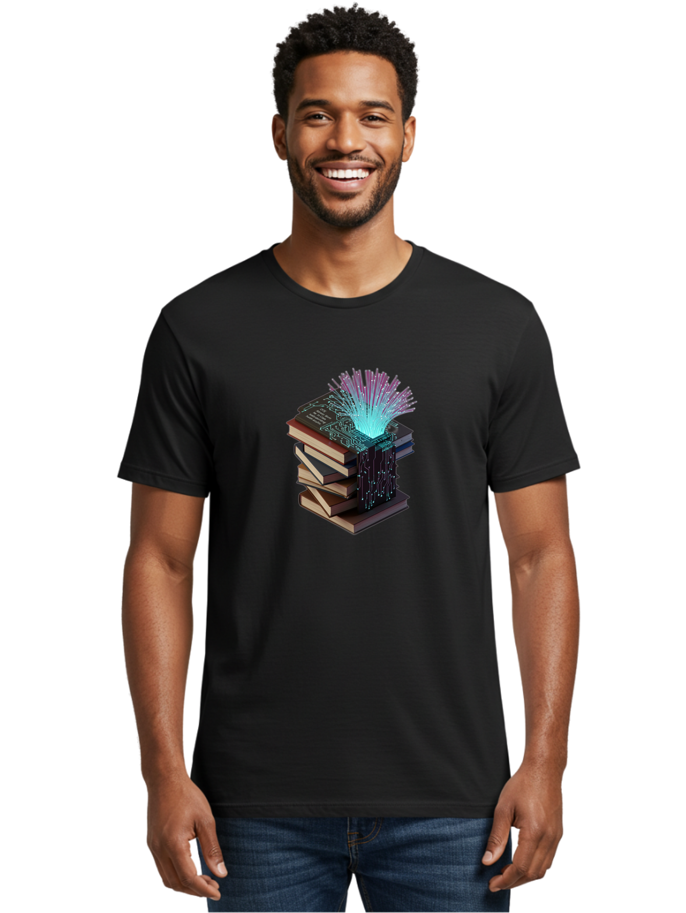 Stacked-Books-With-Circuit-Board-And-Data-Streams Men'S Graphic Tee, 100% Cotton, Comfortable Casual Summer Wear, Machine Washable, Vintage Camera, Old Camera, Antique Camera, Black Camera, Classic Photography, Photography Equipment, Bah172