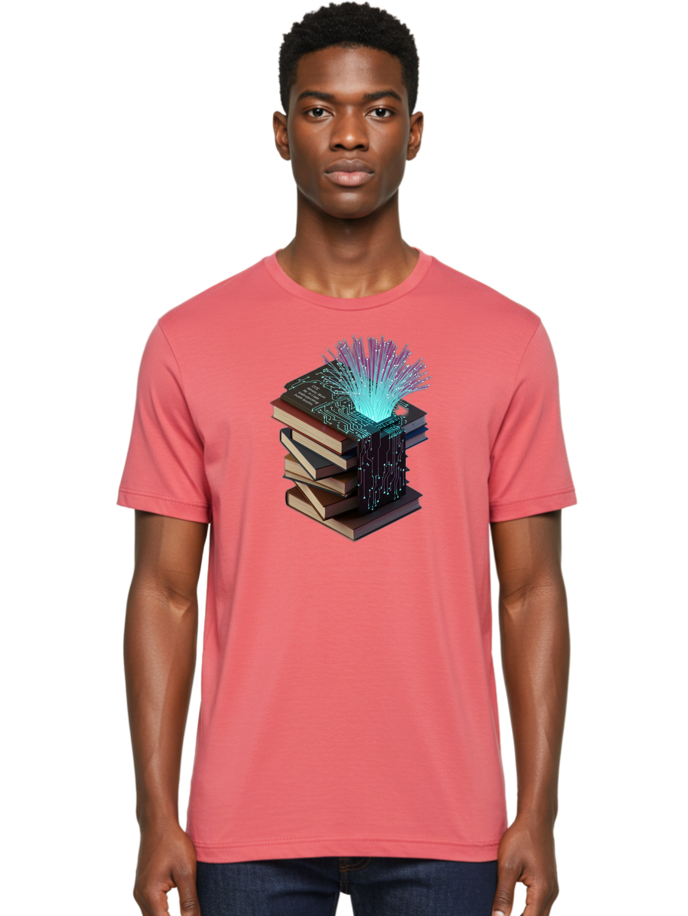 Stacked-Books-With-Circuit-Board-And-Data-Streams Men'S Graphic Tee, 100% Cotton, Comfortable Casual Summer Wear, Machine Washable, Vintage Camera, Old Camera, Antique Camera, Black Camera, Classic Photography, Photography Equipment, Bah172