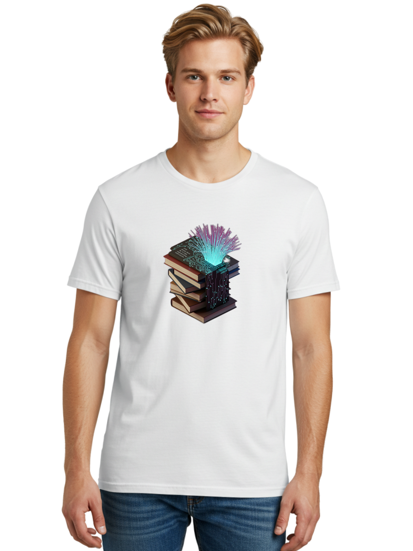 Stacked-Books-With-Circuit-Board-And-Data-Streams Men'S Graphic Tee, 100% Cotton, Comfortable Casual Summer Wear, Machine Washable, Vintage Camera, Old Camera, Antique Camera, Black Camera, Classic Photography, Photography Equipment, Bah172