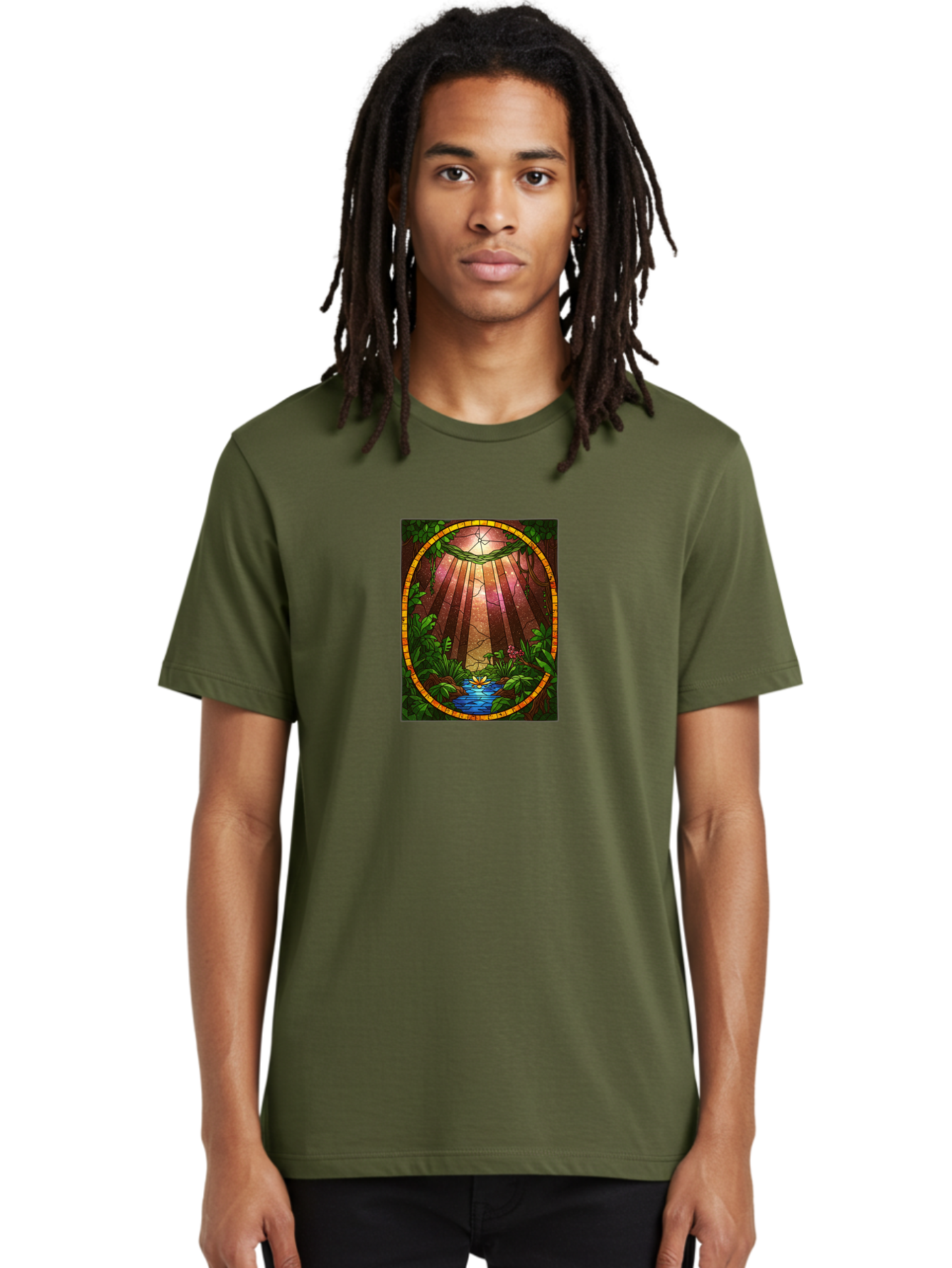 Stained-Glass-Jungle-Scene Men'S Graphic Tee, 100% Cotton, Comfortable Casual Summer Wear, Machine Washable, Vintage Camera, Old Camera, Antique Camera, Black Camera, Classic Photography, Photography Equipment, Nostalgic Device, Film Camera, Bah174