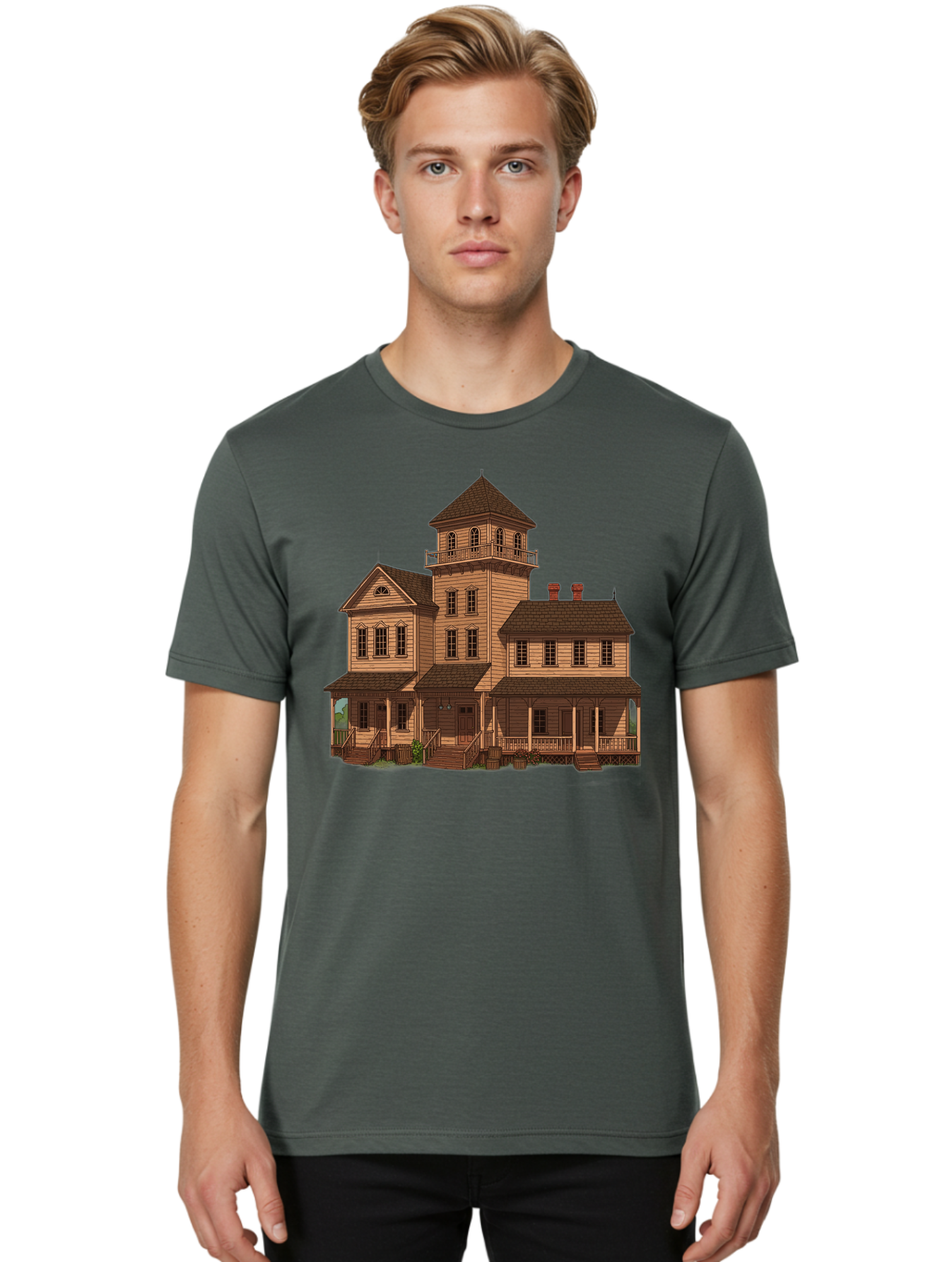 Victorian-Mansion-1 Men'S Graphic Tee, 100% Cotton, Comfortable Casual Summer Wear, Machine Washable, Vintage Camera, Old Camera, Antique Camera, Black Camera, Classic Photography, Photography Equipment, Nostalgic Device, Film Camera, Bah317