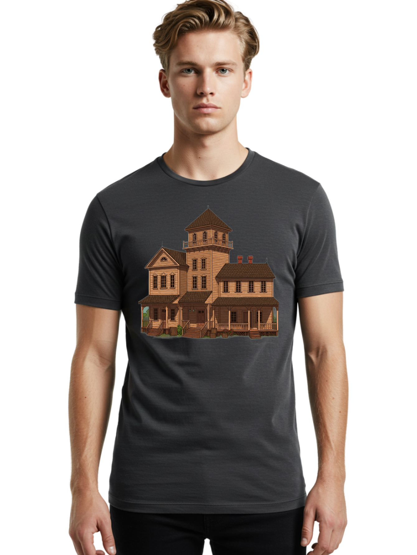 Victorian-Mansion-1 Men'S Graphic Tee, 100% Cotton, Comfortable Casual Summer Wear, Machine Washable, Vintage Camera, Old Camera, Antique Camera, Black Camera, Classic Photography, Photography Equipment, Nostalgic Device, Film Camera, Bah317