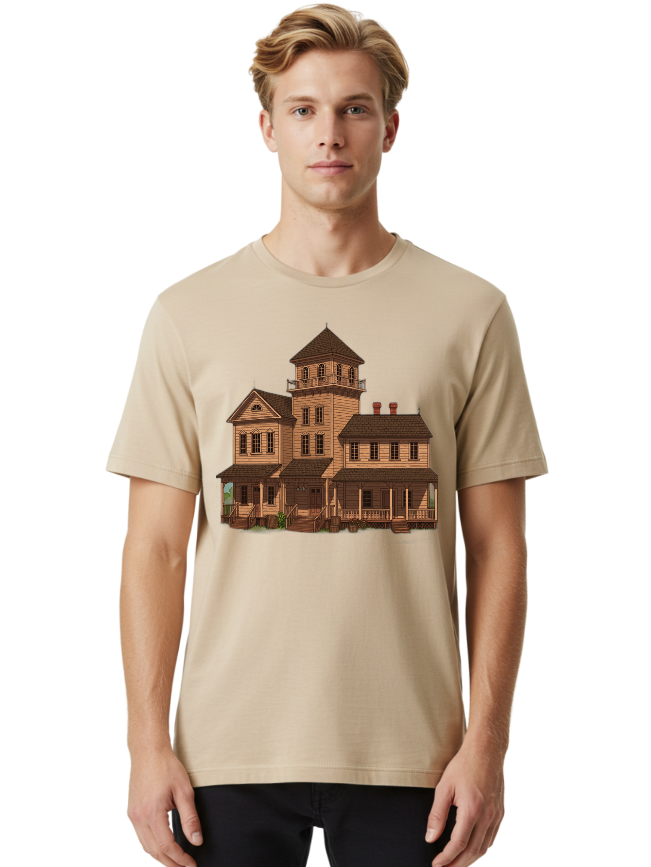 Victorian-Mansion-1 Men'S Graphic Tee, 100% Cotton, Comfortable Casual Summer Wear, Machine Washable, Vintage Camera, Old Camera, Antique Camera, Black Camera, Classic Photography, Photography Equipment, Nostalgic Device, Film Camera, Bah317