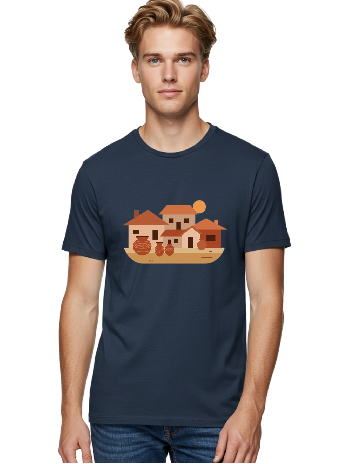 Village-Scene-1 Men'S Graphic Tee, 100% Cotton, Comfortable Casual Summer Wear, Machine Washable, Vintage Camera, Old Camera, Antique Camera, Black Camera, Classic Photography, Photography Equipment, Nostalgic Device, Film Camera, Camera Art Bah339