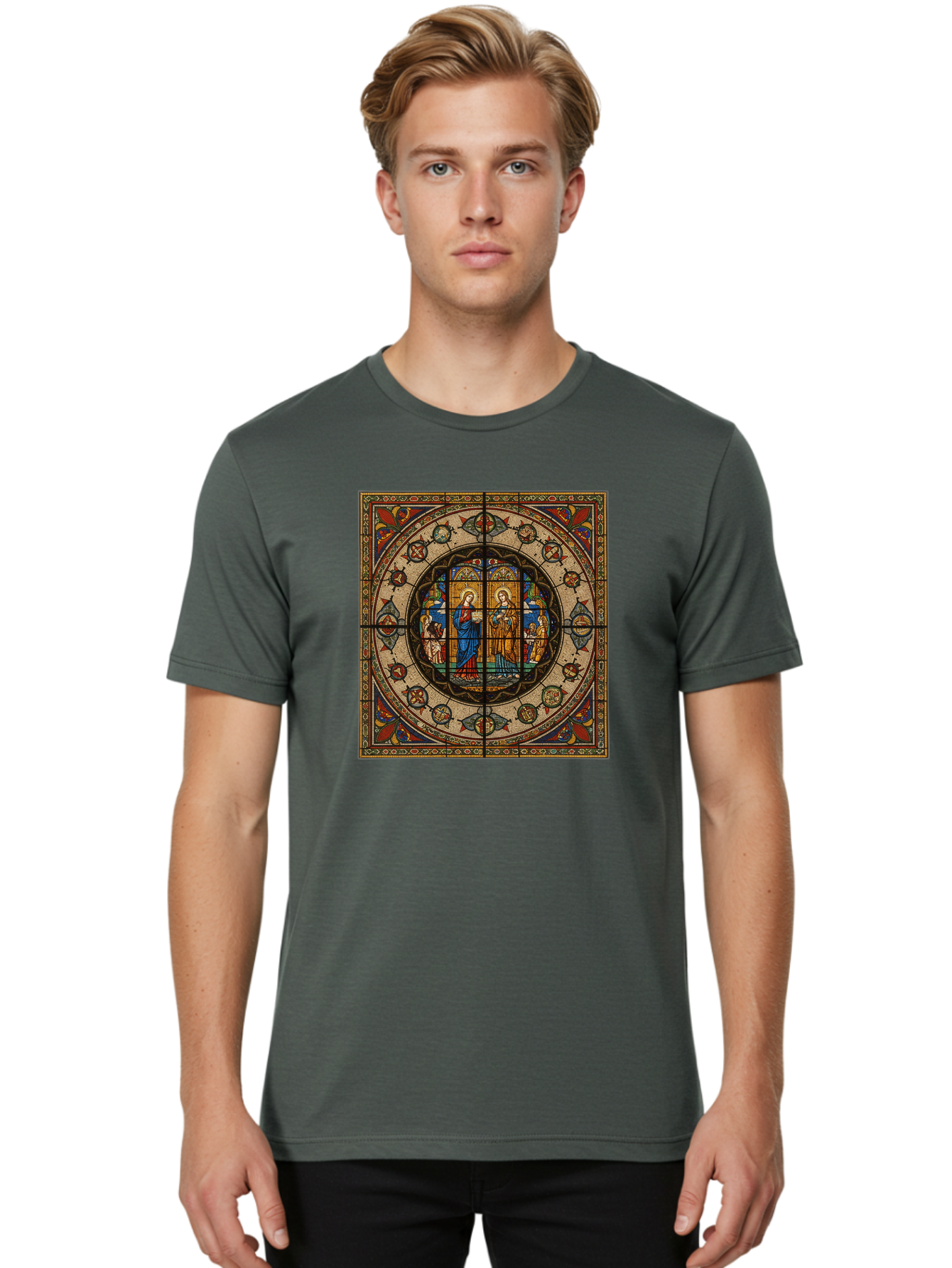 Visitation-Stained-Glass-Window Men'S Graphic Tee, 100% Cotton, Comfortable Casual Summer Wear, Machine Washable, Vintage Camera, Old Camera, Antique Camera, Black Camera, Classic Photography, Photography Equipment, Nostalgic Device, Bah349