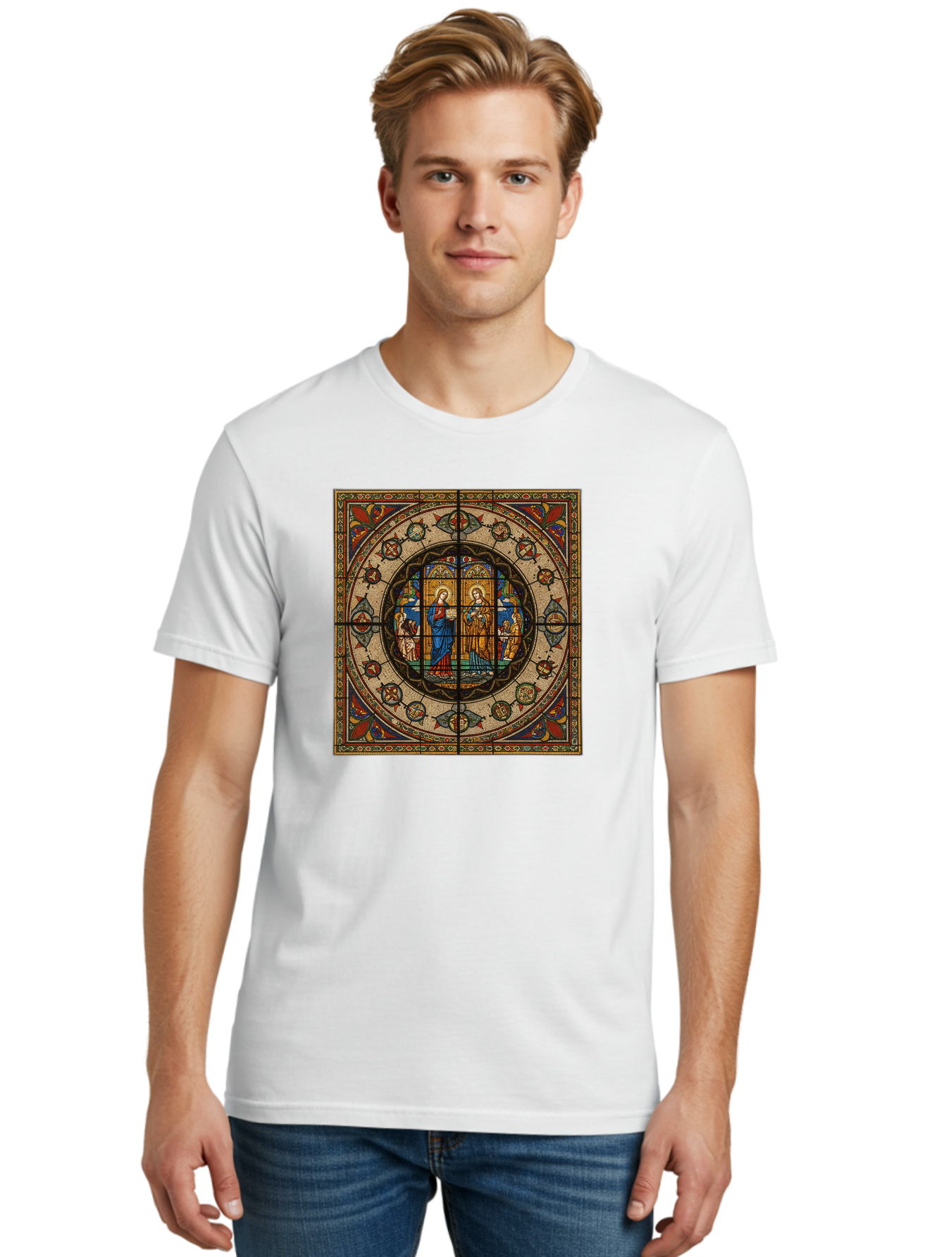 Visitation-Stained-Glass-Window Men'S Graphic Tee, 100% Cotton, Comfortable Casual Summer Wear, Machine Washable, Vintage Camera, Old Camera, Antique Camera, Black Camera, Classic Photography, Photography Equipment, Nostalgic Device, Bah349