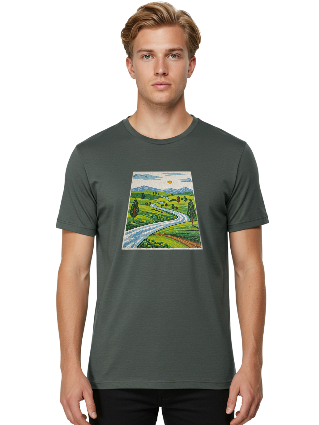 Winding-Road-Landscape Men'S Graphic Tee, 100% Cotton, Comfortable Casual Summer Wear, Machine Washable, Vintage Camera, Old Camera, Antique Camera, Black Camera, Classic Photography, Photography Equipment, Nostalgic Device, Film Camera, Bah384